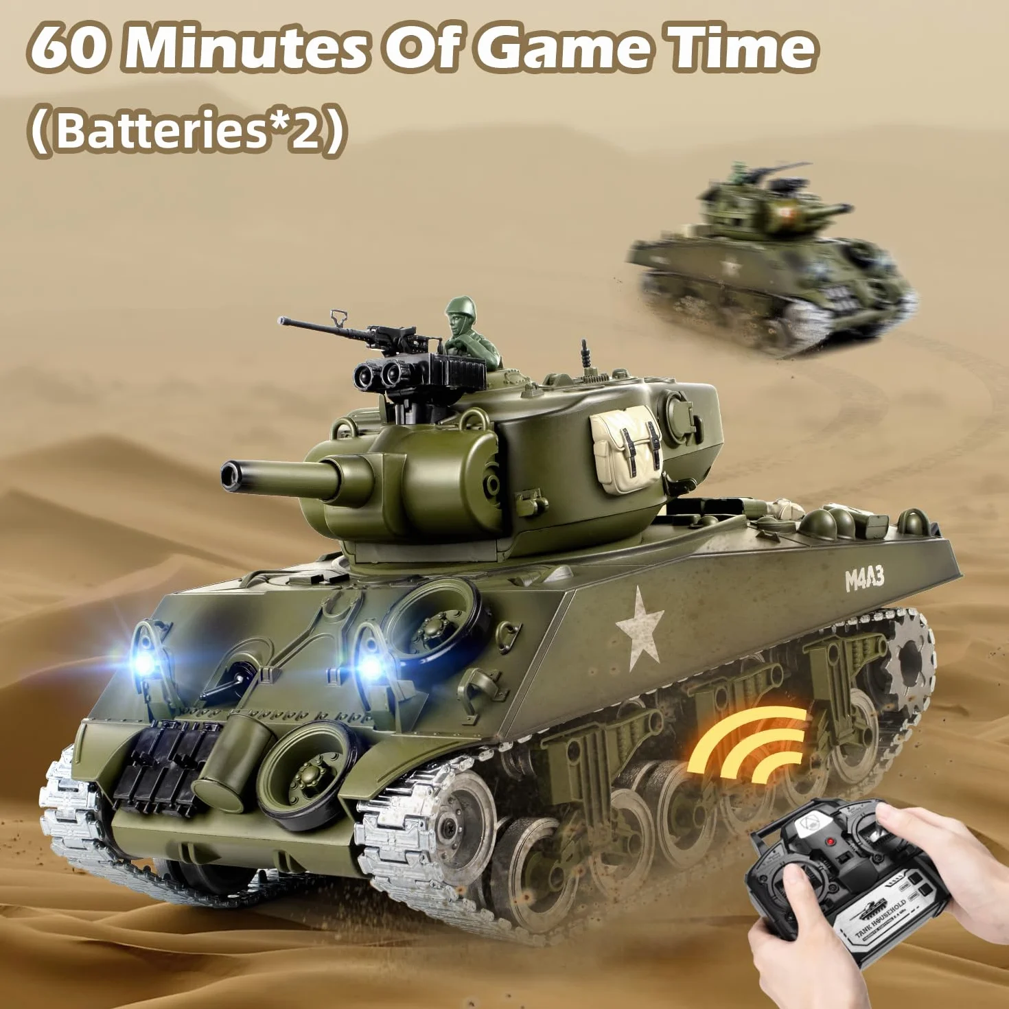 Supdex Czołg RC, 1:18 metalowy M4A3 Sherman, amerykański czołg zdalnie sterowany z II wojny światowej, model wojskowy, który strzela kulkami BB, wojskowy pojazd RC 2,4 GHz z dymem, światłami