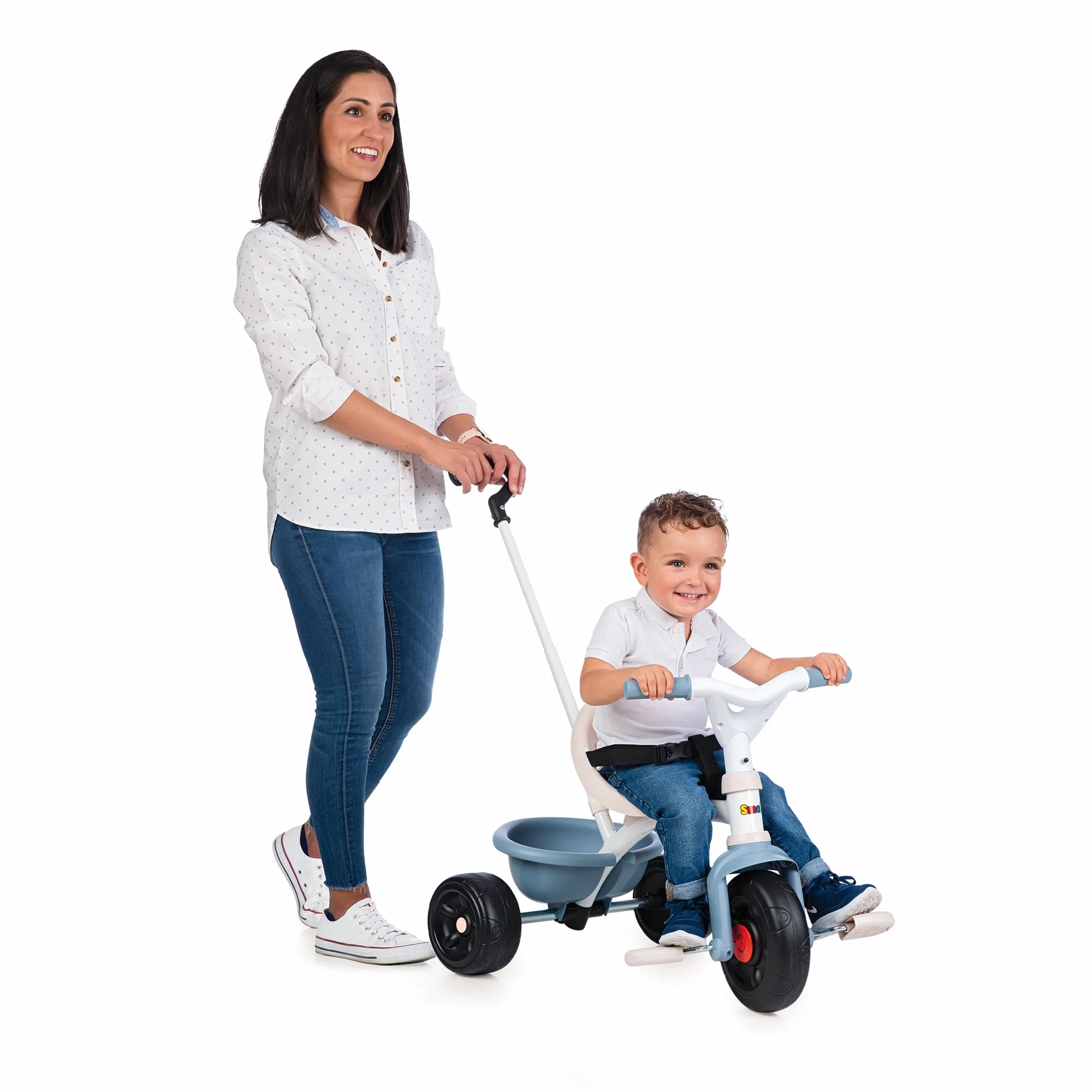 Smoby - Be Fun Blue Tricycle - Regulowana i zdejmowana laska dla rodzica do 95 cm - Pas bezpieczeństwa - Od 15 miesięcy - Wyprodukowano w Hiszpanii
