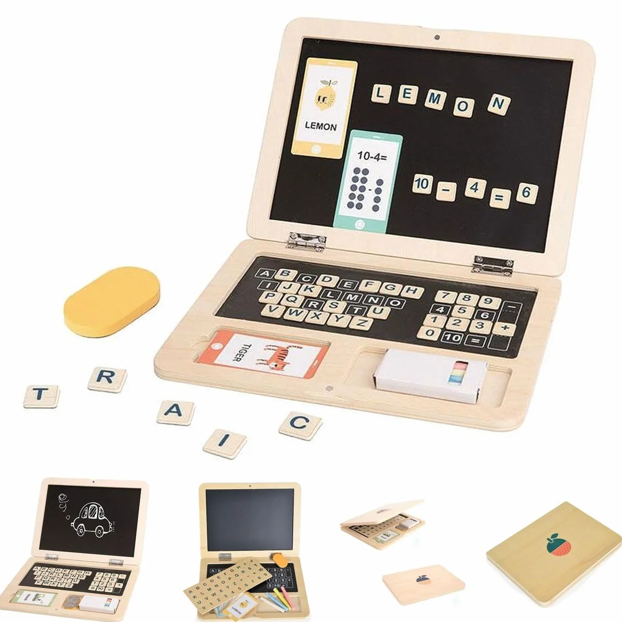 Tooky Toy drewniany laptop dla dzieci TH819, litery magnetyczne, kreda, kolory: beżowy