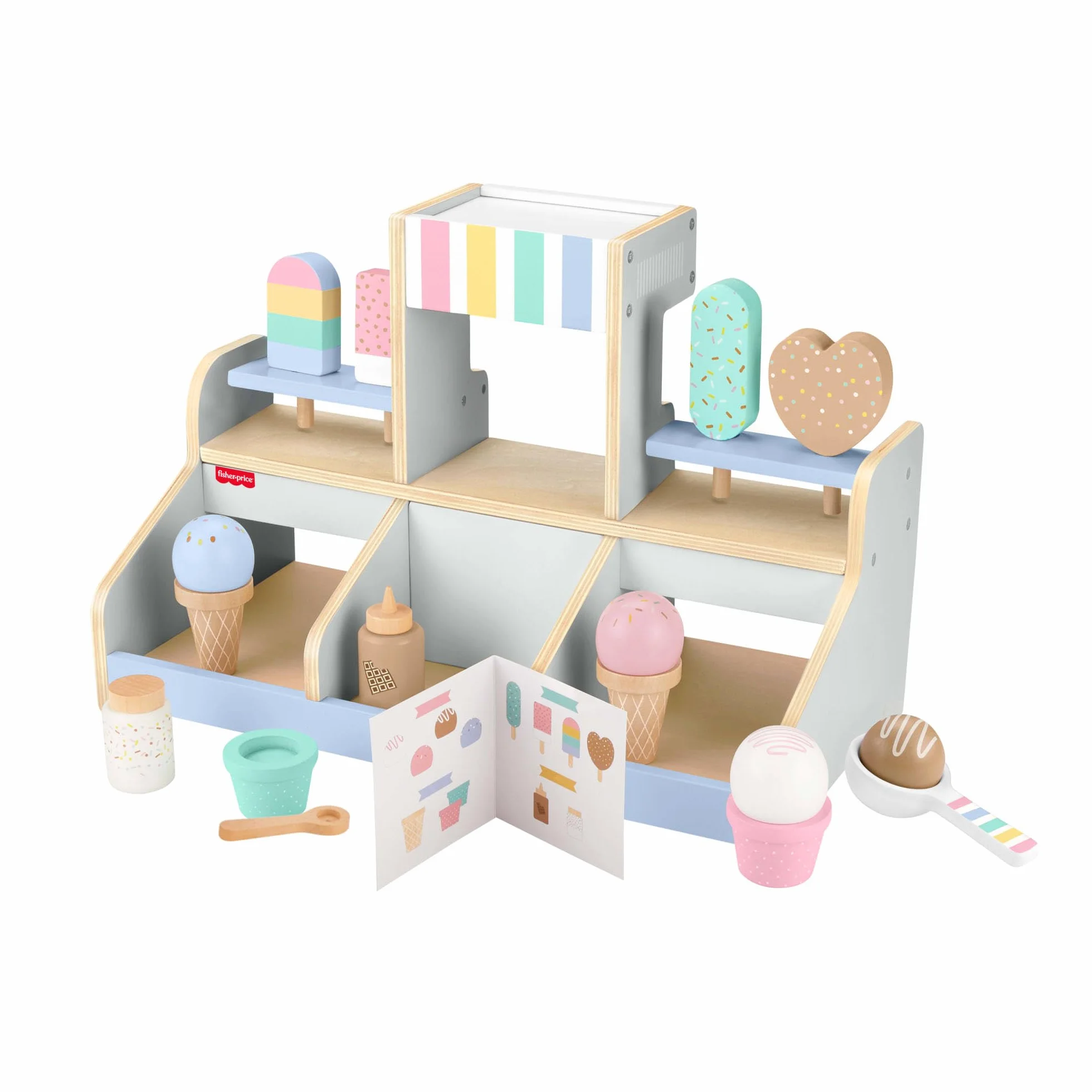 Fisher-Price Drewniana lodziarnia Zestaw z 18 elementami do zabawy w naśladowanie Drewniana zabawka dla 3 latków i starszych maluchów, HXV21