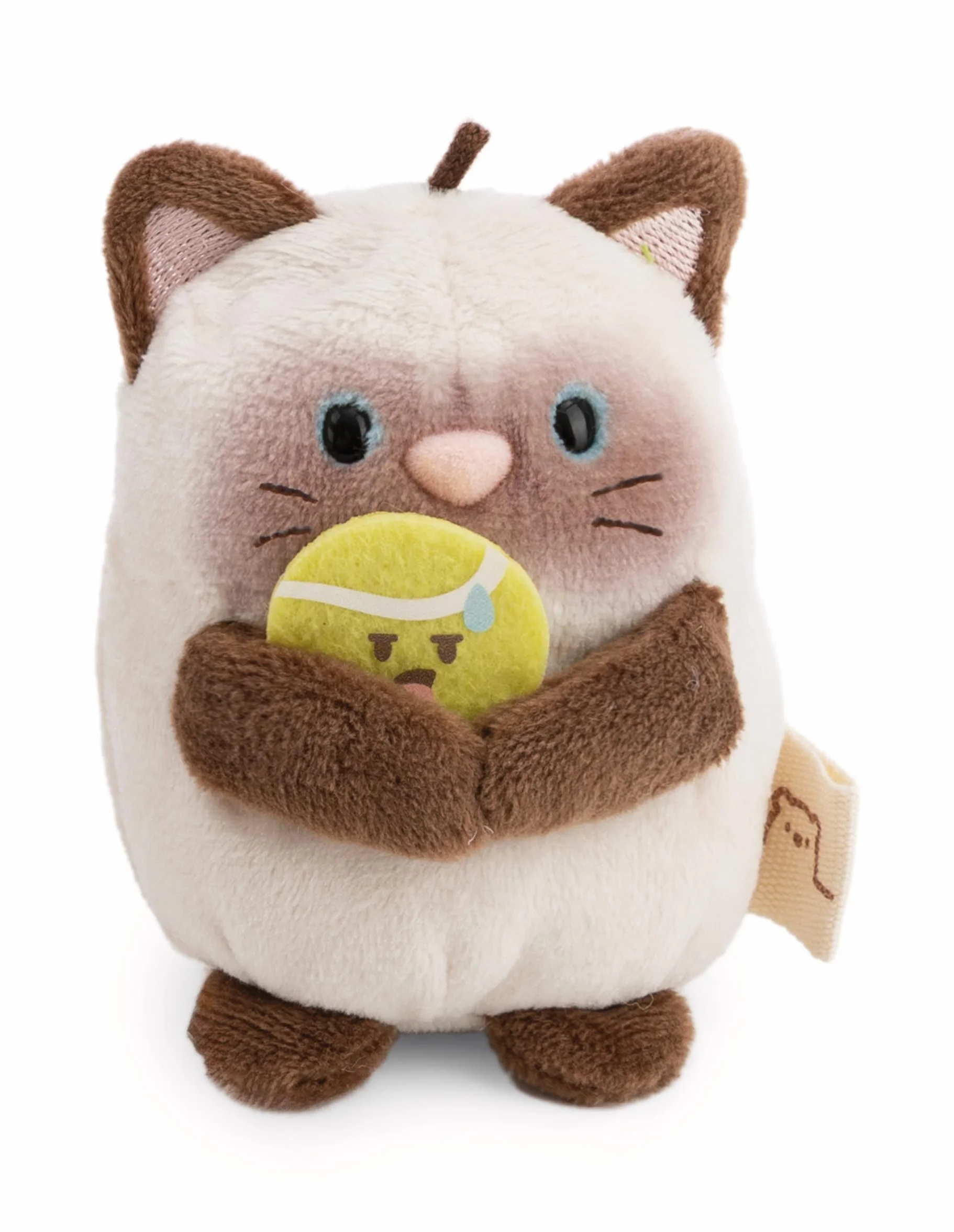 NICI 62903 zestaw przytulanka kotka syjamska Siamy z piłeczką tenisową i strojem tenisowym w pudełku prezentowym, mymochi pluszowe zwierzątko w stylu kawaii, 8 cm, 8,5 x 6,5 x 10 cm, brązowy