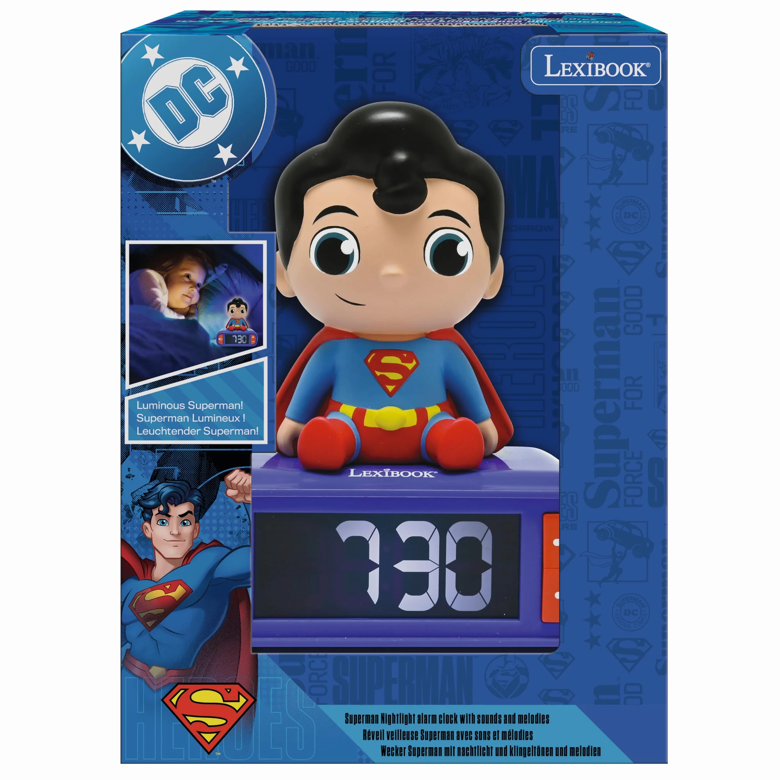 Lexibook, Superman, Budzik z lampką nocną Superman, Dźwięki i melodie, Podświetlany ekran LCD, Świetlny, Drzemka, RL800SU