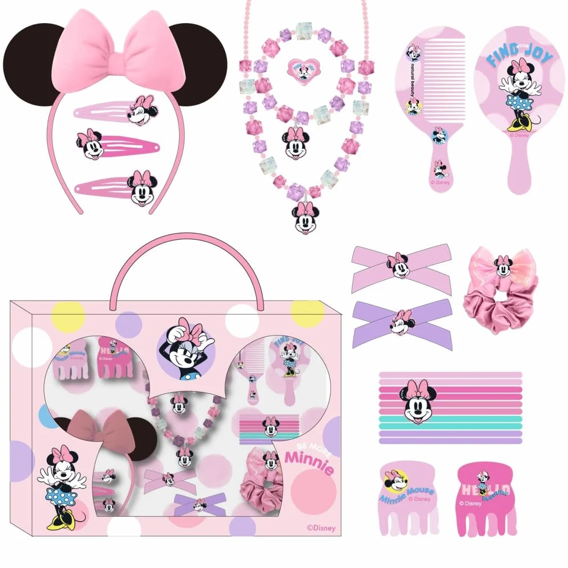 Zestaw urody Myszki Minnie - zawiera 1 tasiemkę do włosów, 10 opasek do włosów, 2 pęsety, 3 spinki do włosów, 2 pędzle, 1 opaskę, 1 naszyjnik, 1 bransoletkę i 1 pierścionek - oryginalny produkt