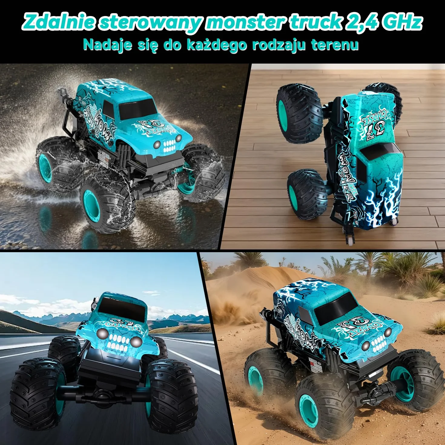 Halloween Monster Truck zdalnie sterowany, 1/20 Monster Truck z chodzeniem w pozycji pionowej i obrotem o 360°, 20 km/h, zdalnie sterowany samochód z oświetleniem LED i muzyką, zabawka na Halloween i