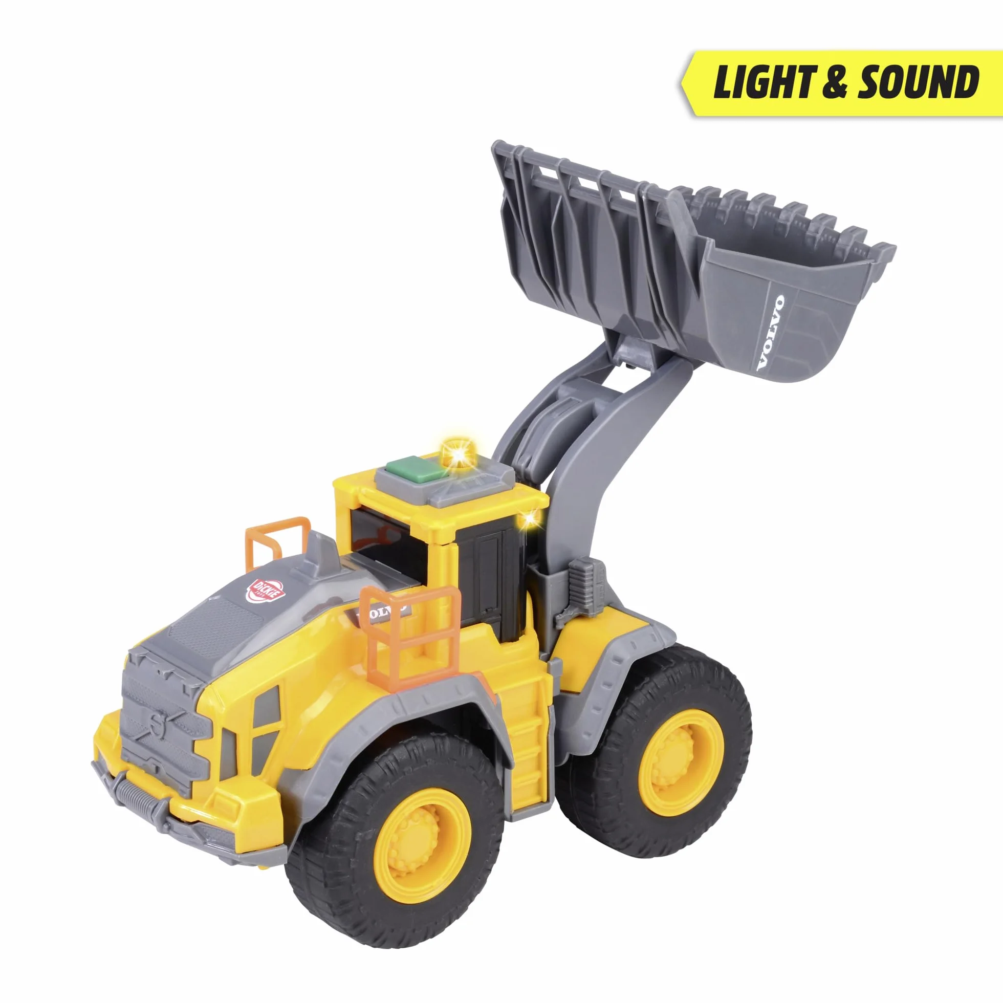 Dickie Toys 203723006 Volvo Ładowarka kołowa 23 cm z ogromną łopatą, światła i efekty dźwiękowe, zabawka na plac budowy dla chłopców i dziewcząt w wieku od 3 lat