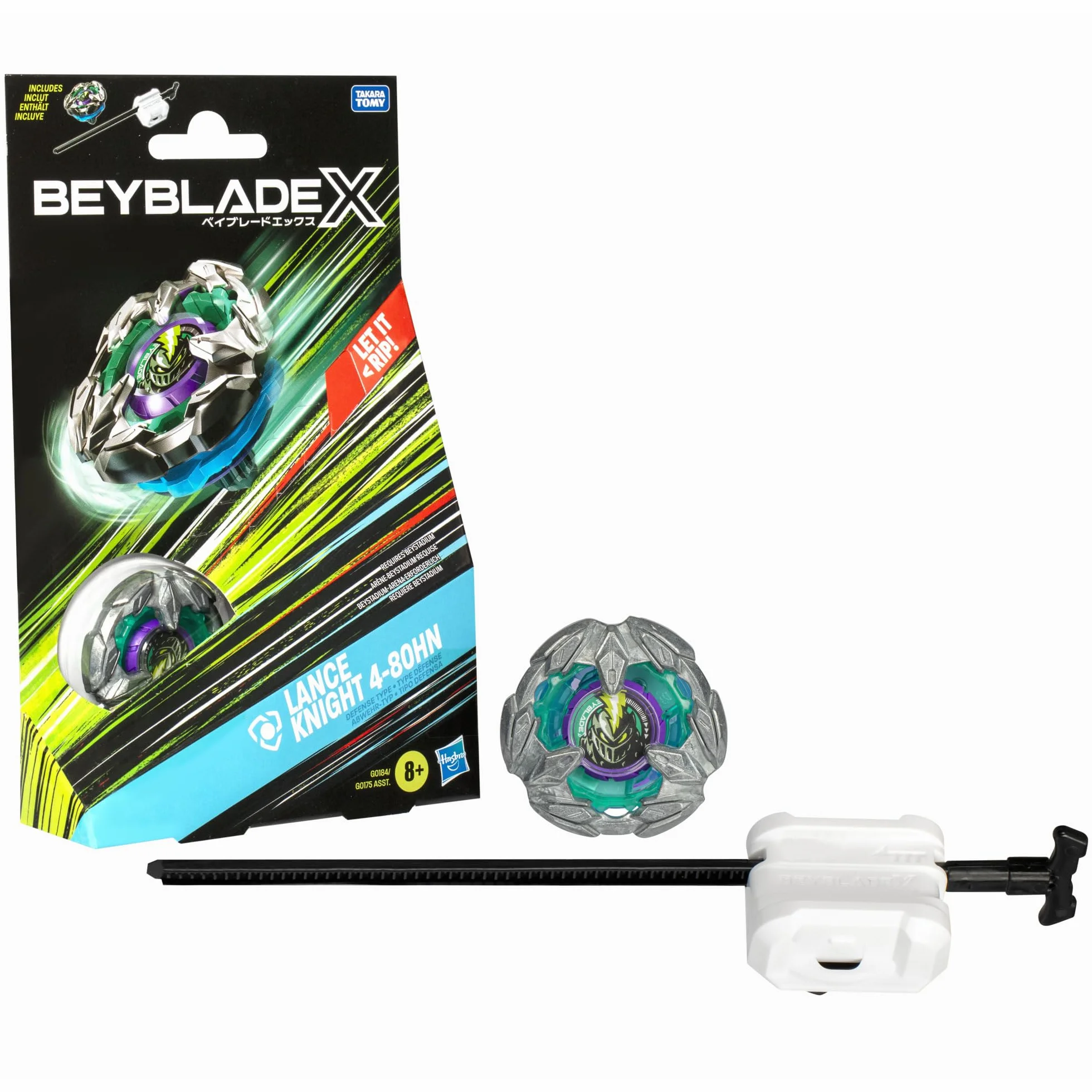 Beyblade X, zestaw startowy Lance Knight 4-80HN z topem i wyrzutnią
