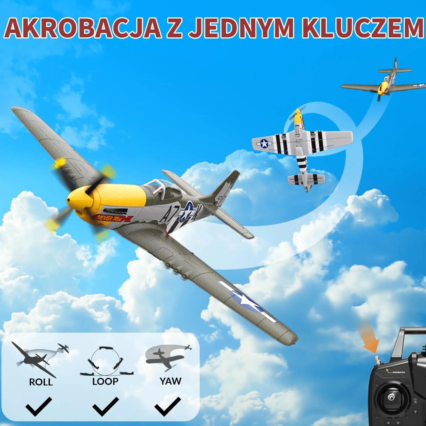 HAWK'S WORK Samolot RC P-51D Mustang 500mm, 4-kanałowy Zdalnie Sterowany Warbird RTF, Silnik Bezszczotkowy 6-osiowy Żyroskop 3 Tryby Lotu, Łatwy w Pilotażu dla Początkujących Chłopców i Dorosłych