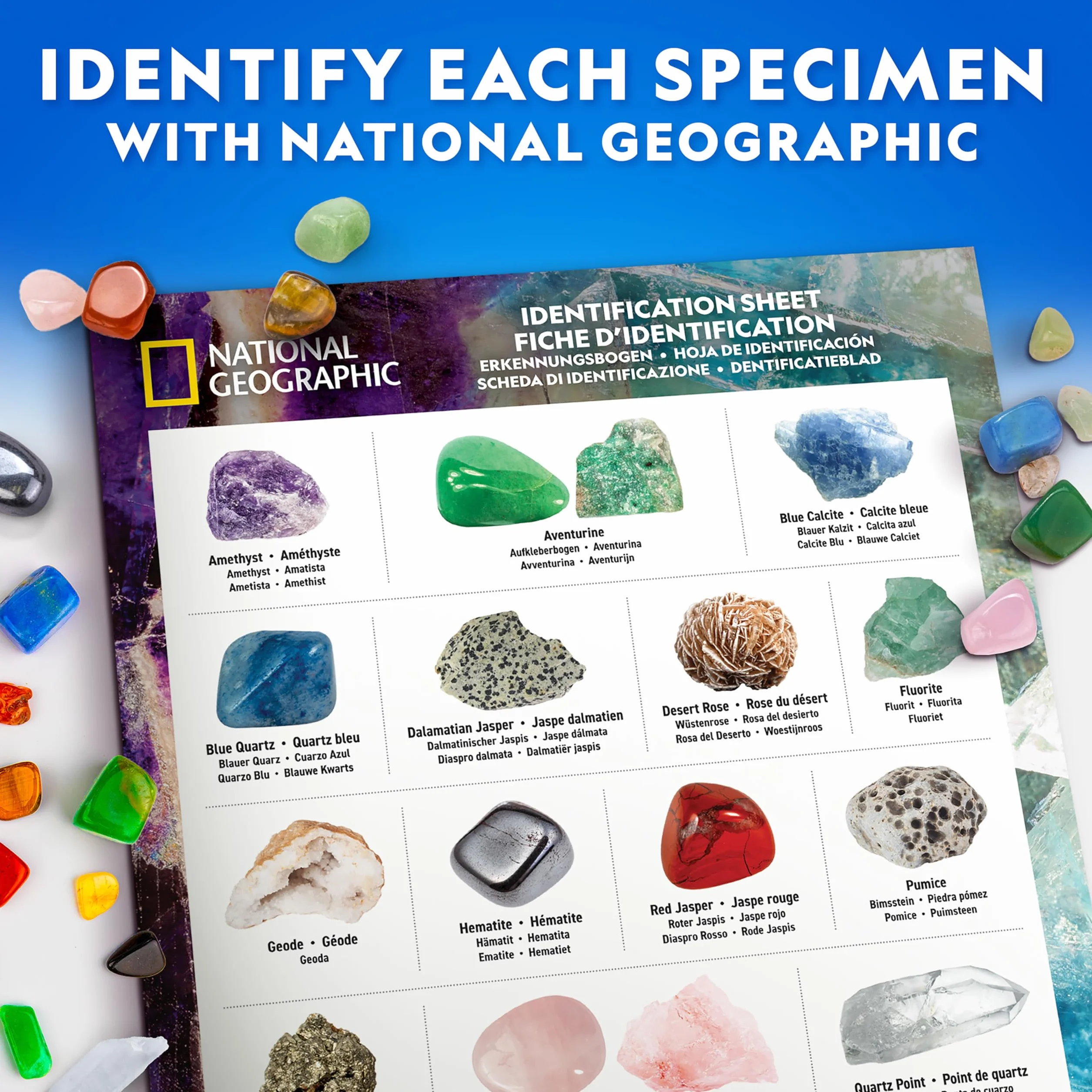 NATIONAL GEOGRAFIC Dziecięcy zestaw skał wulkanicznych i skamieniałości Ponad 200 sztuk geody prawdziwe skamieliny różowy kwarc jaspis awenturyn minerały kryształy