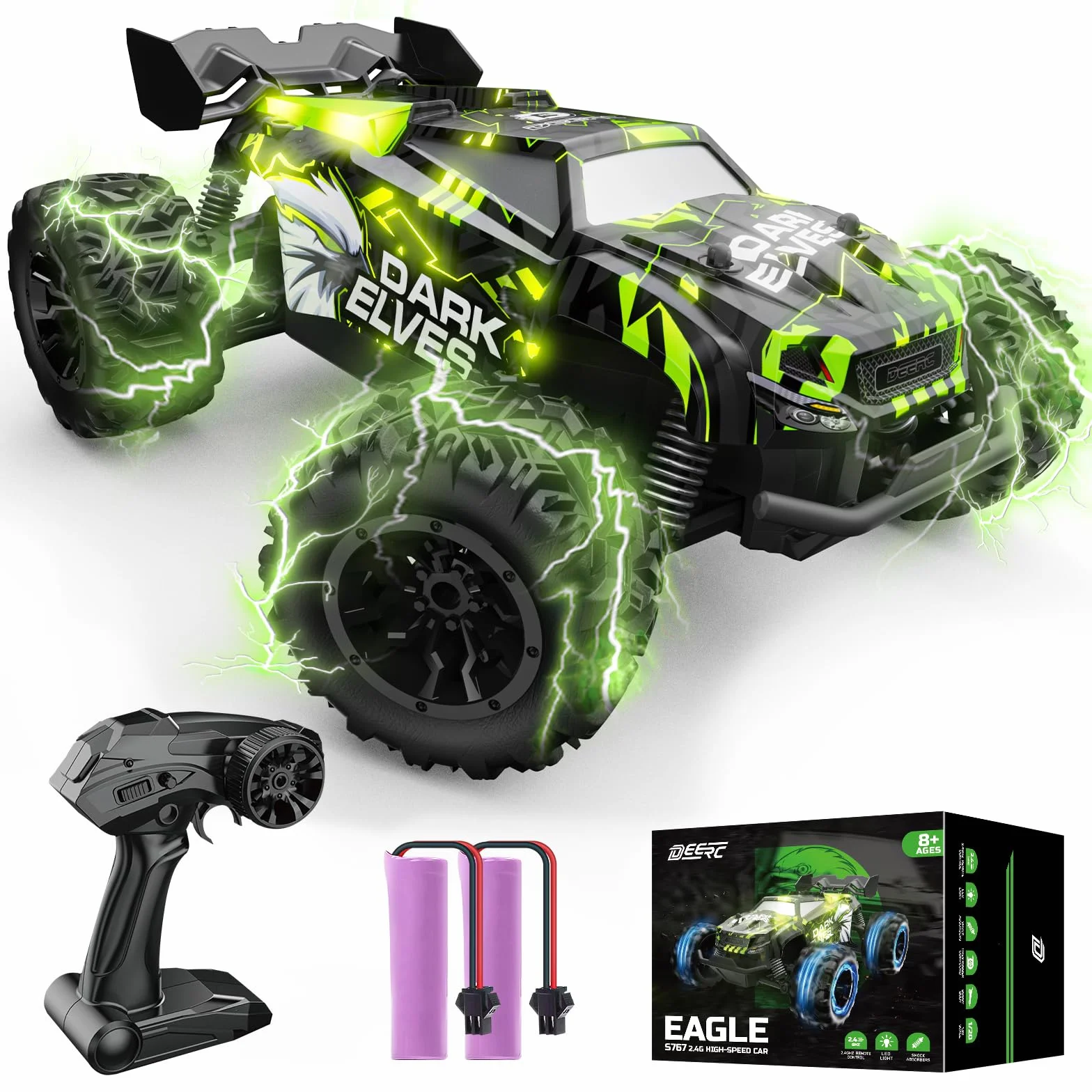 DEERC Samochód zdalnie sterowany, podświetlane samochody RC 2,4 GHz z 2 akumulatorami do 40 minut gry, zabawka terenowa Monster Truck dla chłopców i dzieci od 8 lat..