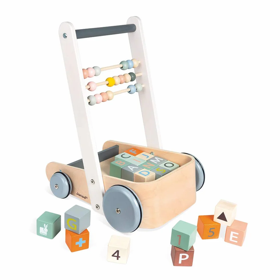 Janod - Sweet Cocoon Abc Buggy - Wooden Walking and Activity Cart - with 20 Alphabet Cubes, Numbers and Shapes Blocks + 3 Abacus Rows - Water Based Paints - from 1 Year Old, J04408
