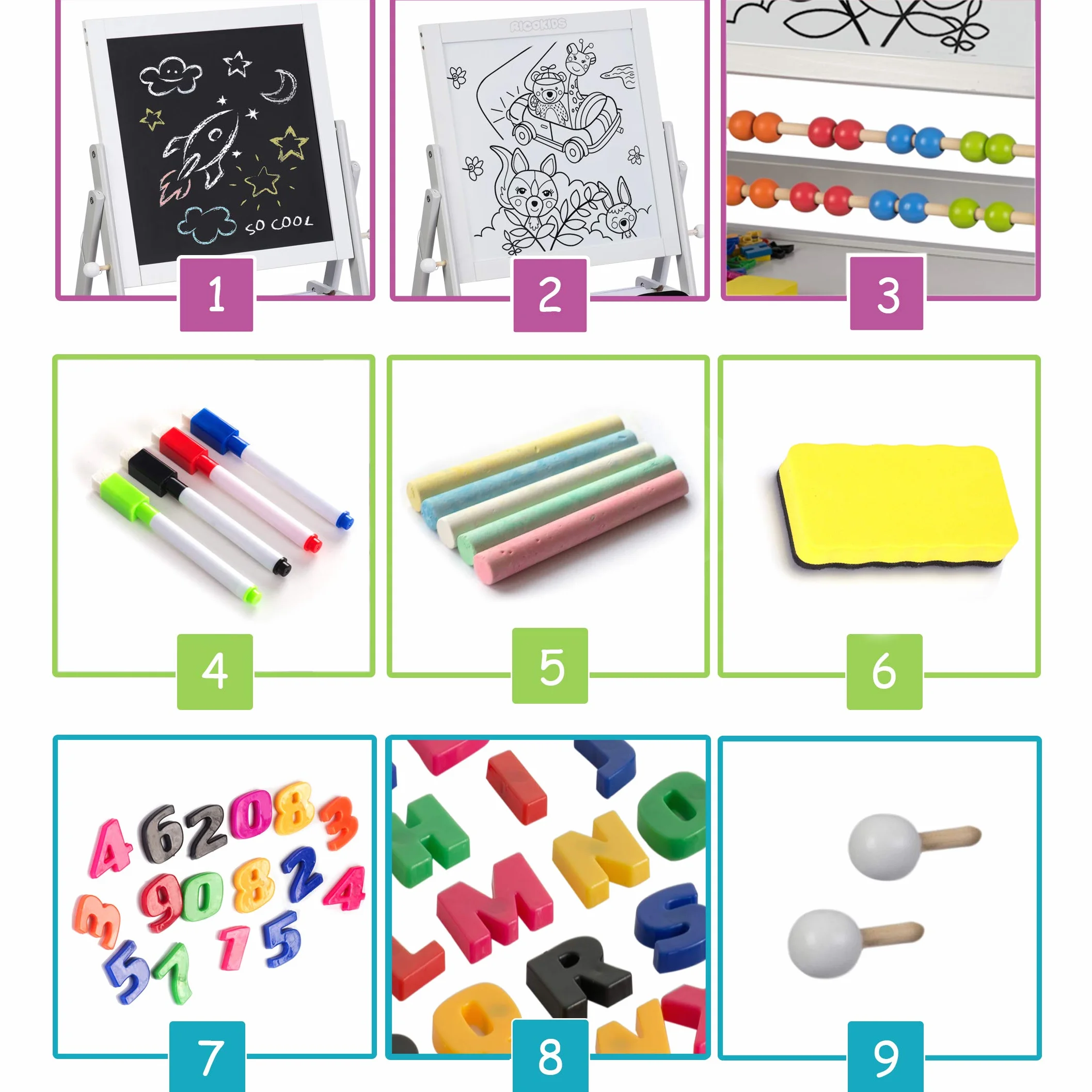 Ricokids Tablica Magnetyczna i Kredowa dla Dzieci - Tablica Dwustronna Obrotowa z Akcesoriami - Drewniana - 101 x 54 x 55 cm - Biała