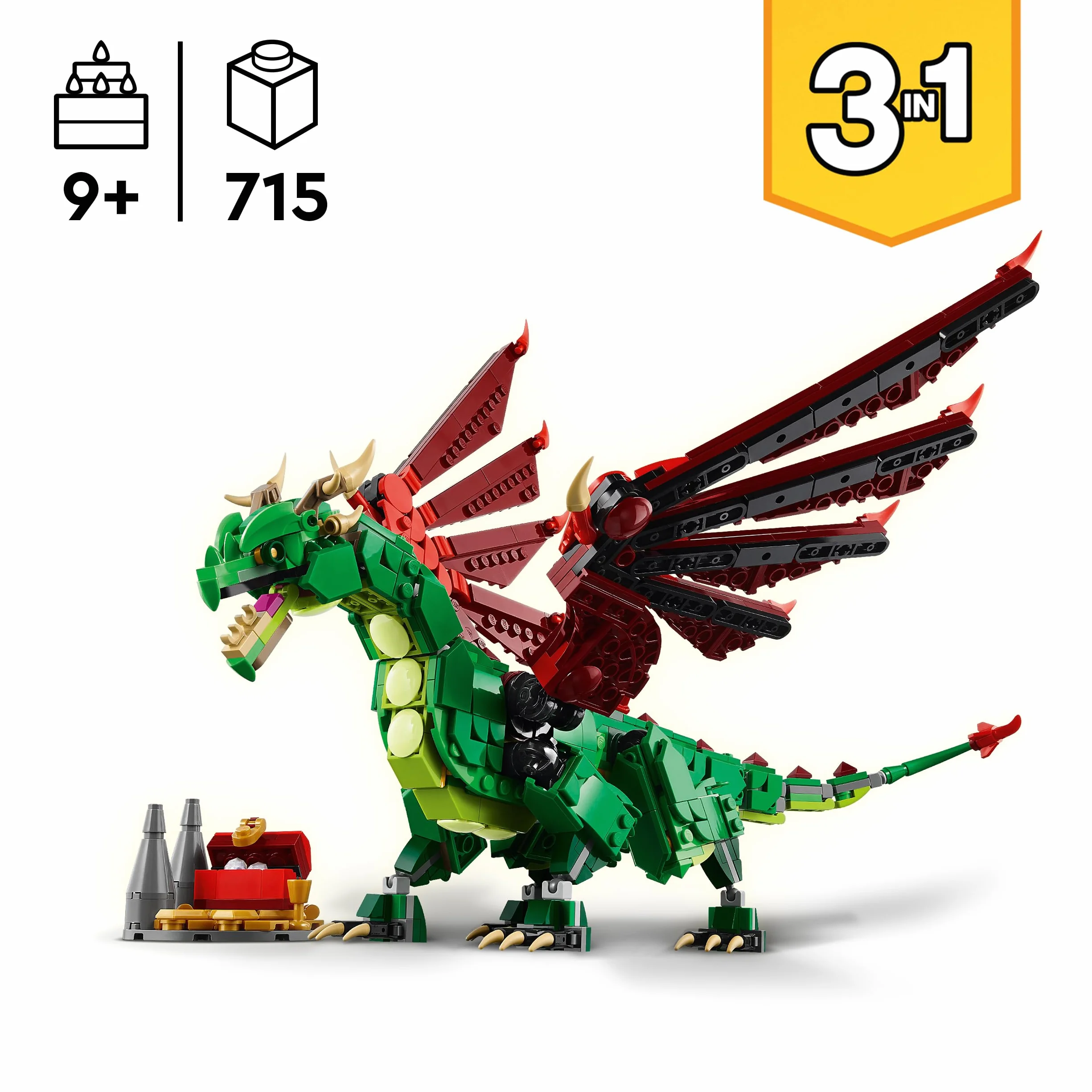 LEGO Creator 3 w 1 Średniowieczny smok, Zabawka Konstrukcyjna dla Dziecka do Przebudowania na Mityczne Stworzenia: Węża Morskiego lub Feniksa, Prezent dla 9-latka, Dziewczynki i Chłopca 31161