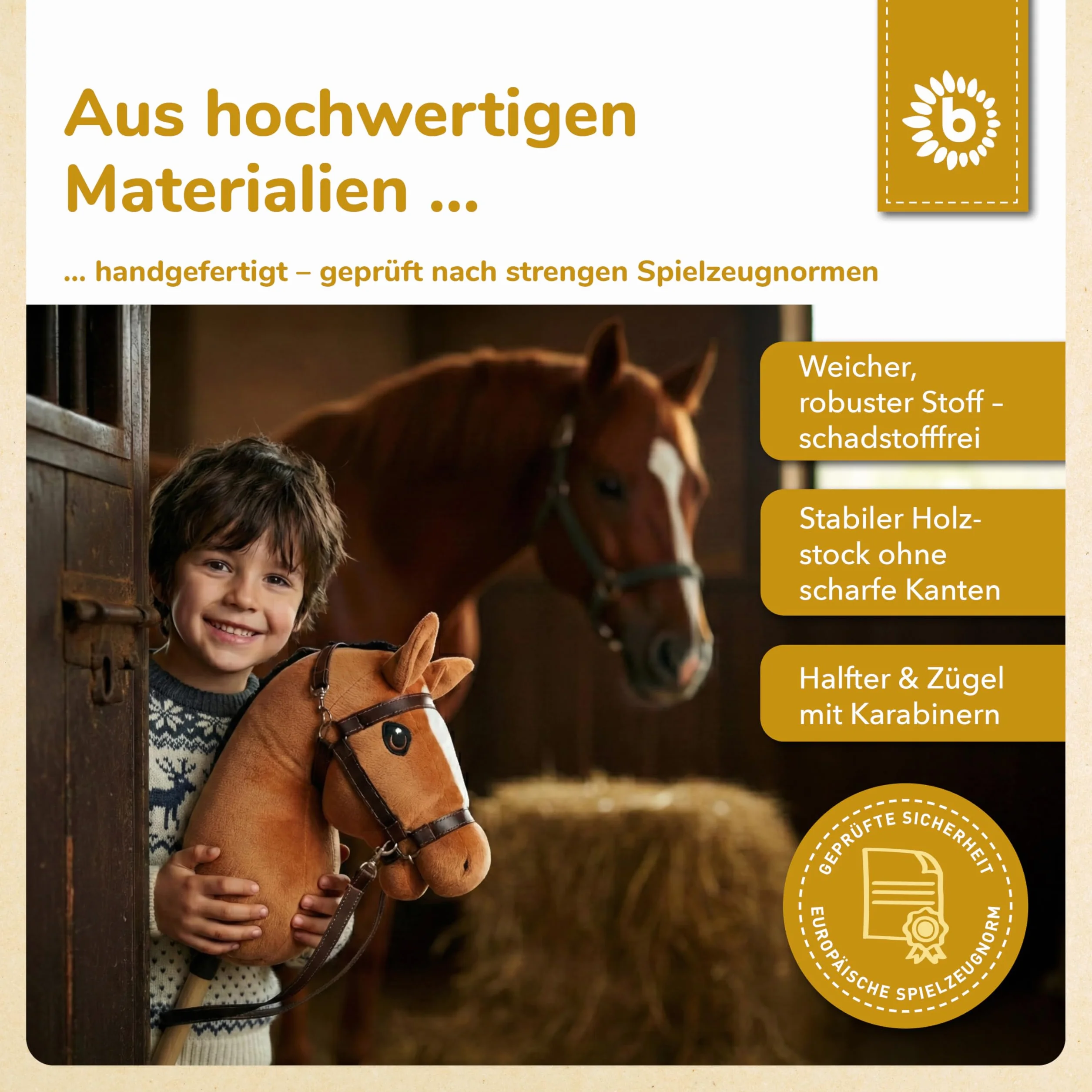 Bieco Hobby Horse konik na kijku, lis, rozmiar S, z trense, spersonalizowany, zdejmowany kij i ogon, do jazdy konnej, ujeżdżania i zabawy, hobby