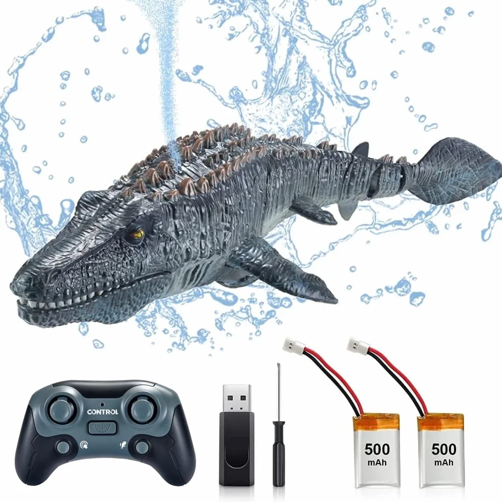 OBEST Zdalnie sterowana łódź 2,4 GHz RC Mosasauru dla dzieci, zabawka do łodzi rekina, basenów i jezior, zabawka wodna, elektryczna łódź dinozaura, rekin na Boże Narodzenie i urodziny, prezent dla