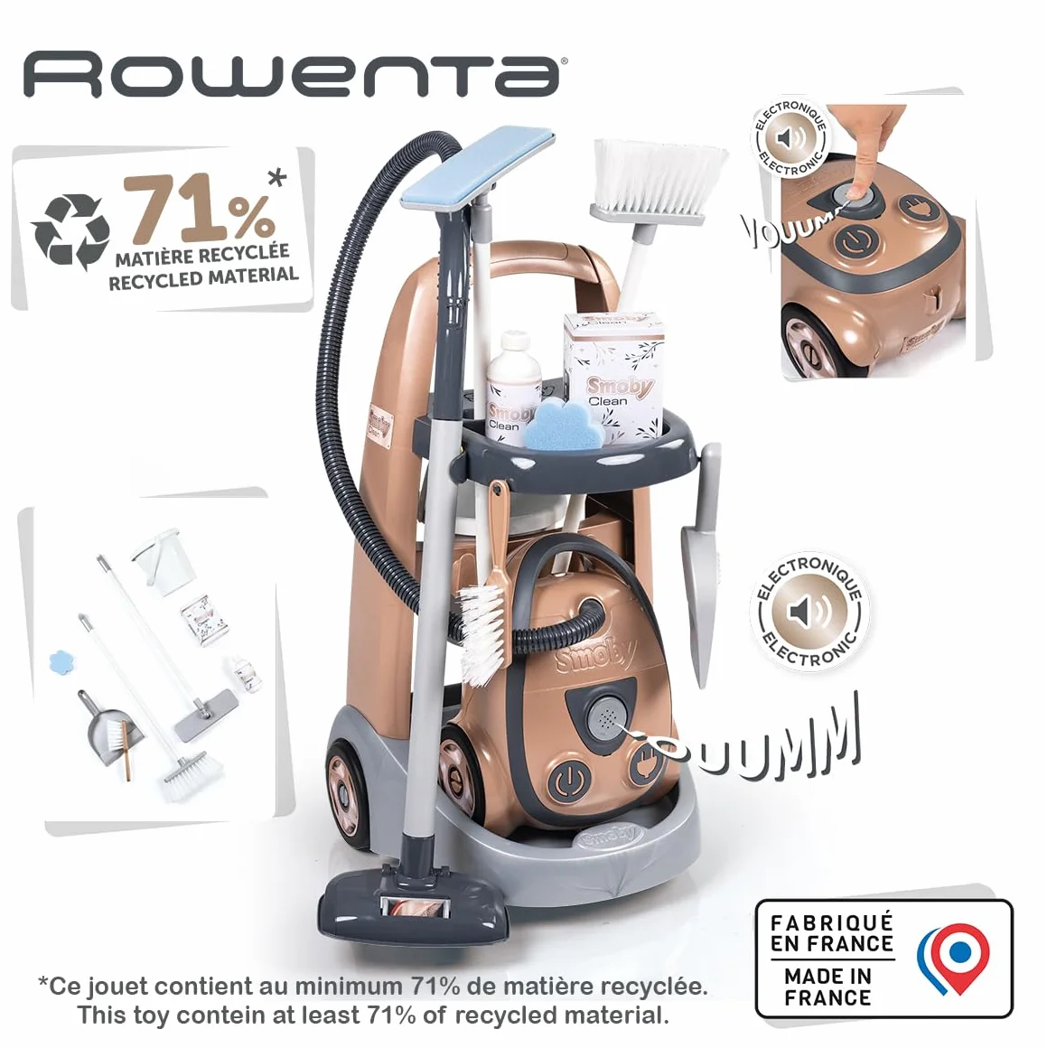 Smoby - Rowenta - Wózek do sprzątania + Odkurzacz - Zabawka imitująca - Funkcja elektroniczna - 9 akcesoriów - Od 3 lat - Wyprodukowano we Francji