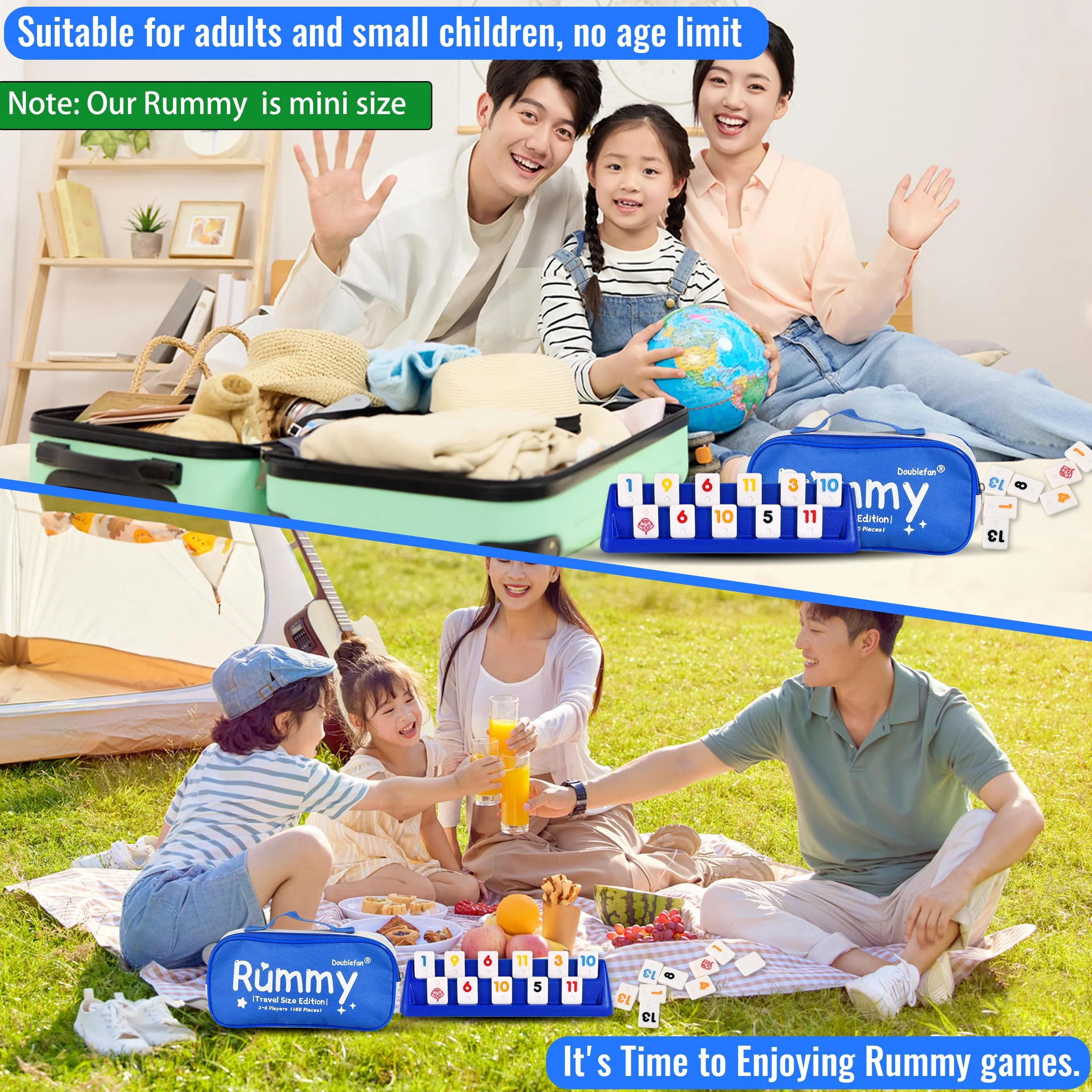 Doublefan Mini zestaw rummy, gra w podróży z wytrzymałą torbą z płótna żaglowego, klasyczna gra dla dorosłych i dzieci, 160 kamieni, 6 stojaków do zabawy, 1 kostka (2-6 graczy)