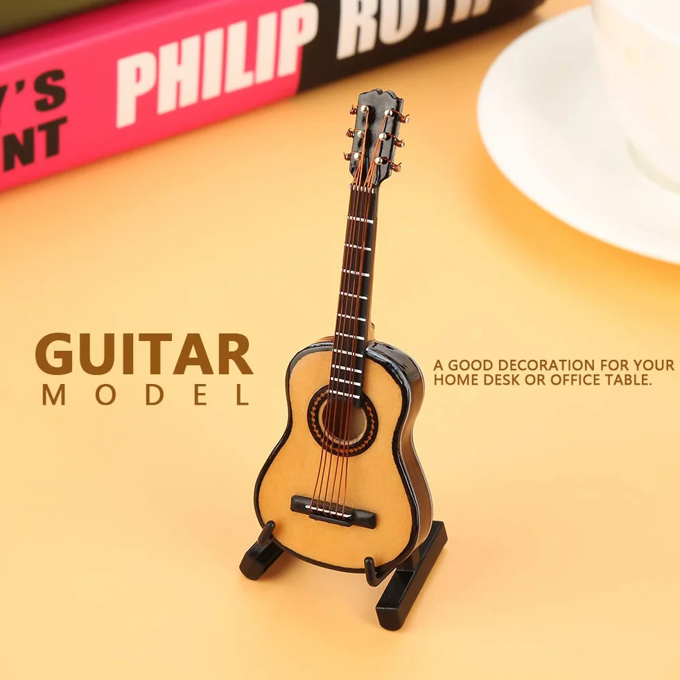 Miniaturowy Model Gitary, Mini Drewniana Gitara Model Instrumentu Muzycznego dla Dzieci Akcesoria do Domku dla Lalek ze Stojakiem i Etui do Dekoracji na Blat 10 Cm