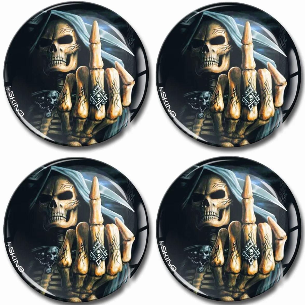 SkinoEu® 4 x 65 mm żelowe silikonowe naklejki 3D na samochód, trupia czaszka czaszka, palec środkowy, naklejka na felgi, na kołpaki, kołpaki na piasty koła, tuning A 2565