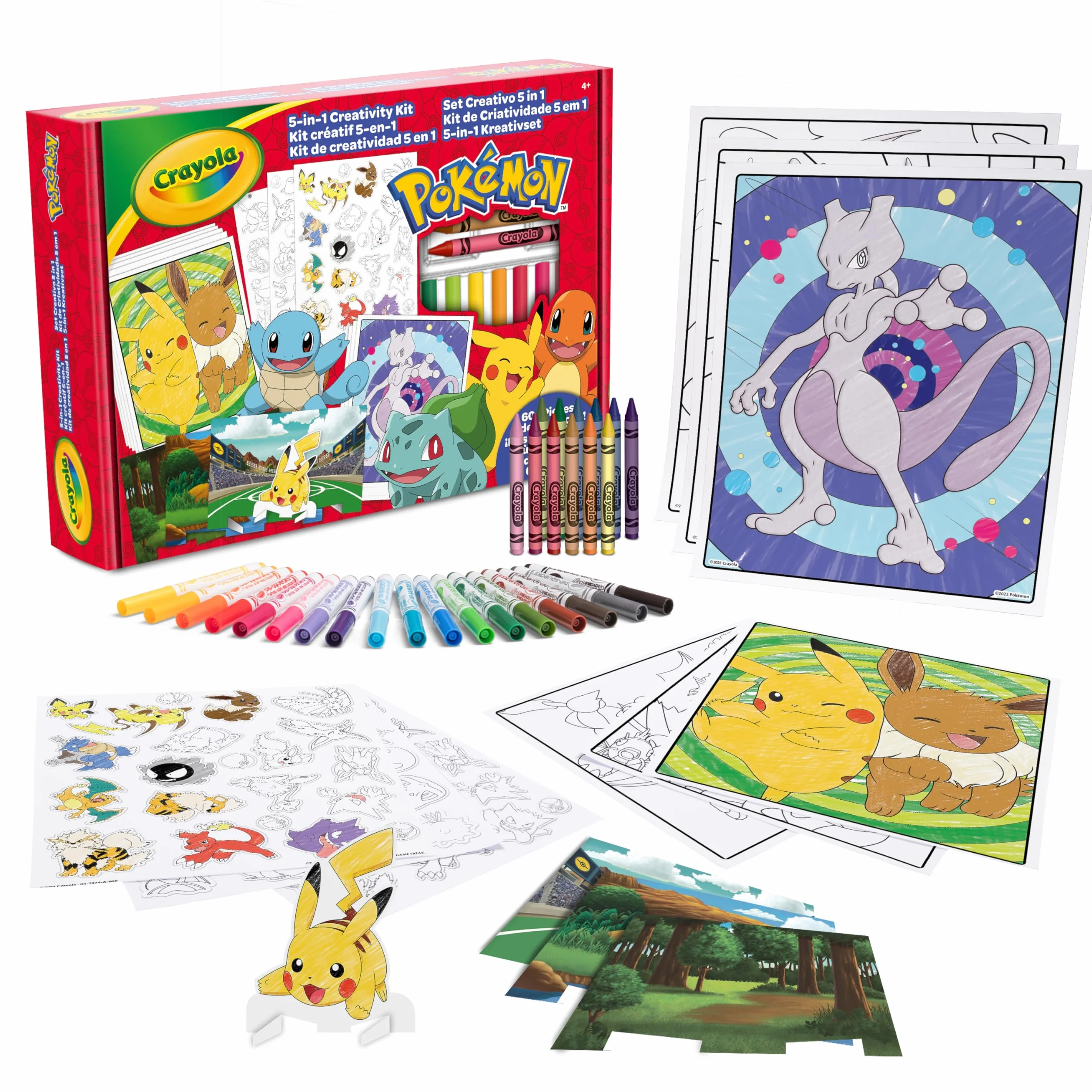 CRAYOLA - Zestaw do kreatywnego rysowania Pokemon 5 w 1, z kolorowankami, markerami, kredkami, naklejkami, 60 elementów, prezent dla chłopców i dziewczynek od 4 lat, pomysł na prezent i podróż