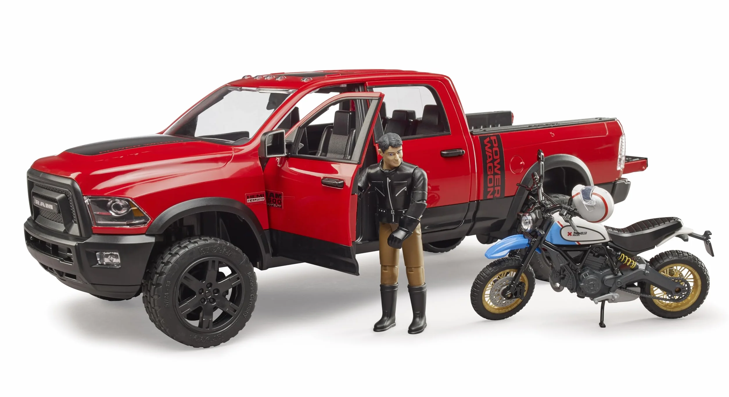 bruder 02502 - RAM 2500 Power Wagon z Ducati Desert Sled i kierowcą, pojazd terenowy, jeep, motocykl, pojazd