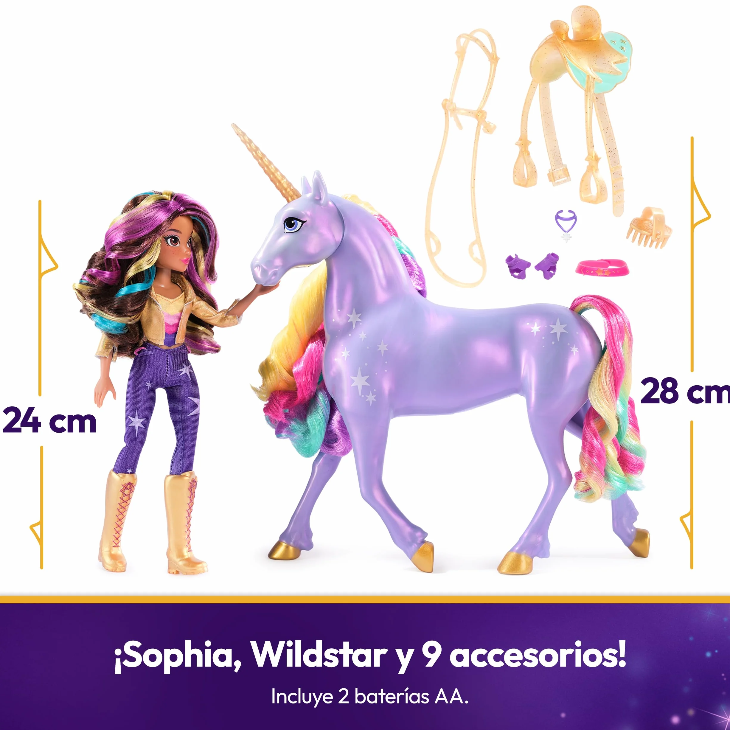 Unicorn Academy - The School of Unicorns - Wildstar Function Unicorn 28 cm + Lalka Sophia 24 cm - Z dźwiękami i światłami - Zabawki inspirowane serią Unicorns School - Zabawka dla dzieci od 4 lat