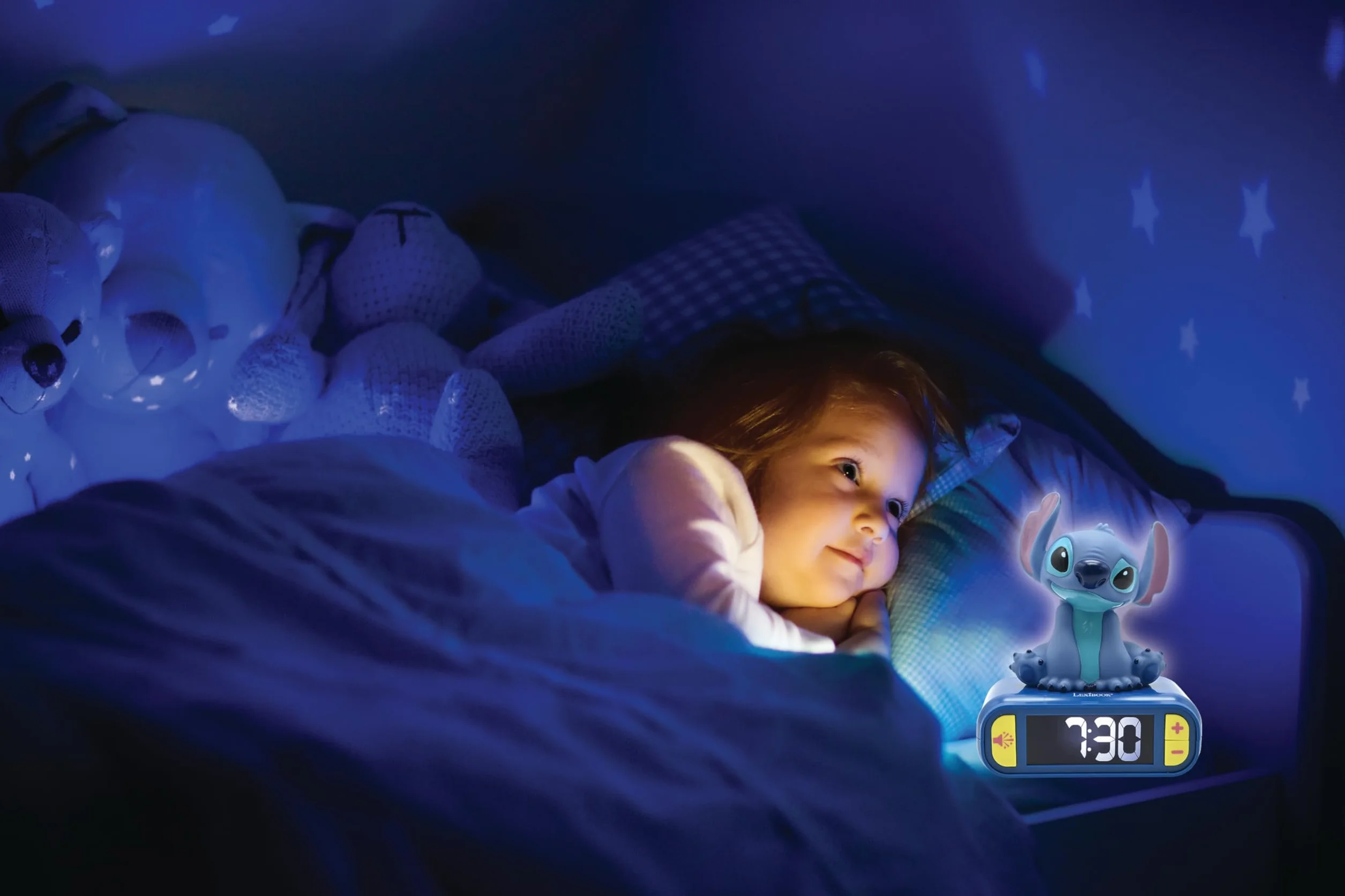 Lexibook Disney Stitch Budzik Nocny z Świecącą Postacią, 6 Alarmów, Podświetlany LCD, Niebieski RL800D