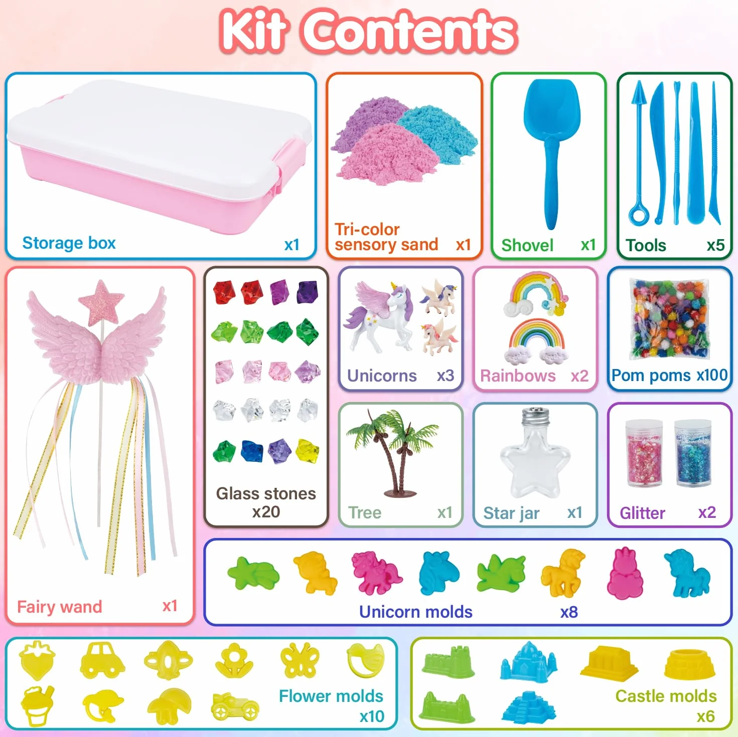 snookids Kolorowy magiczny piasek z naturalnego wosku pszczelego dla dzieci 690 g, zestaw piaskowy z 24 foremkami, 3 jednorożce, pudełko do przechowywania, sensoryczna zabawka dla dzieci 3, 4, 5, 6, 7