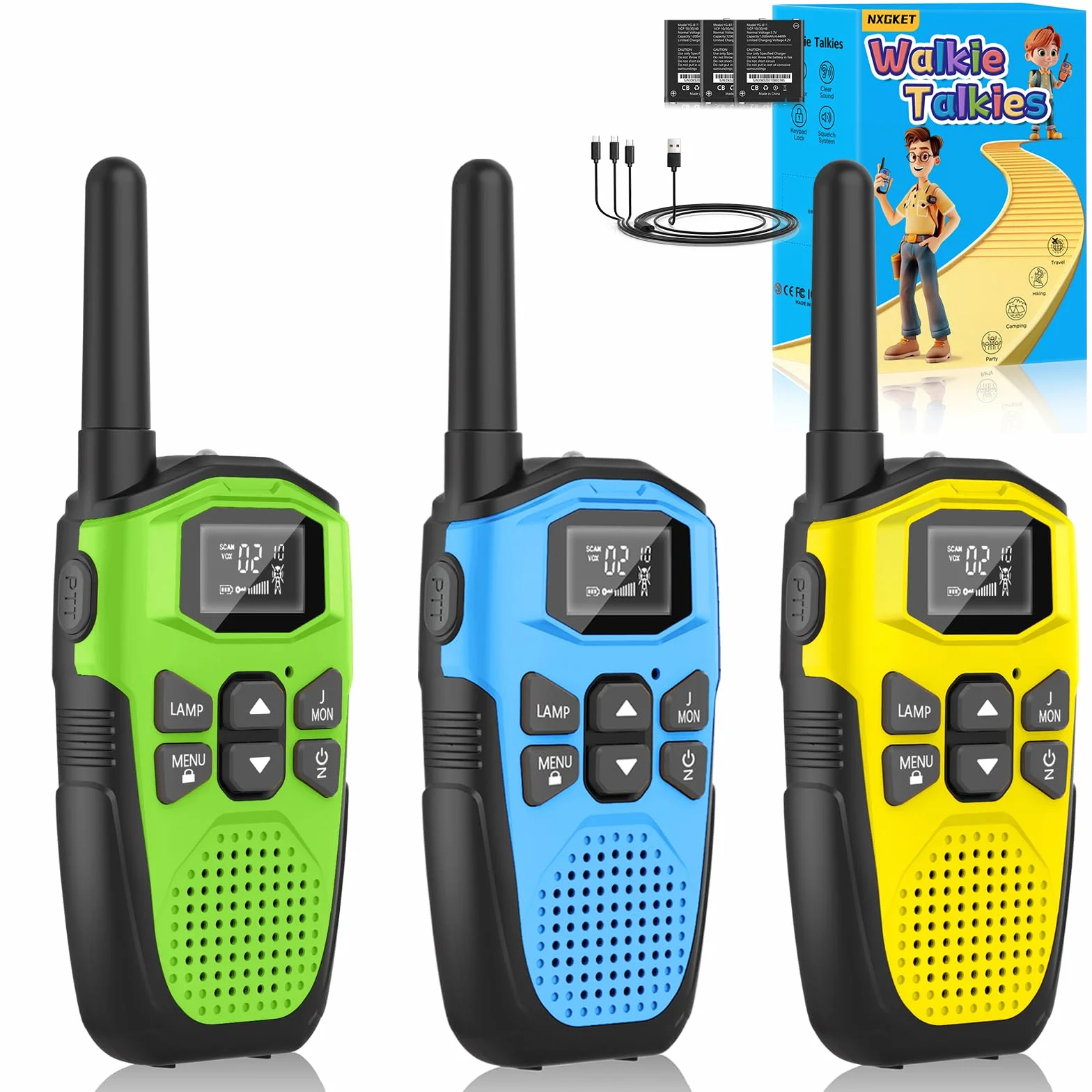 Walkie Talkie dla dorosłych o dużym zasięgu, 3 sztuki, NXGKET Akumulatorowe Walkie Talkie dla dzieci z wbudowaną baterią litowo-jonową, 16-kanałowe radio z kablem ładującym typu C, VOX, na kemping
