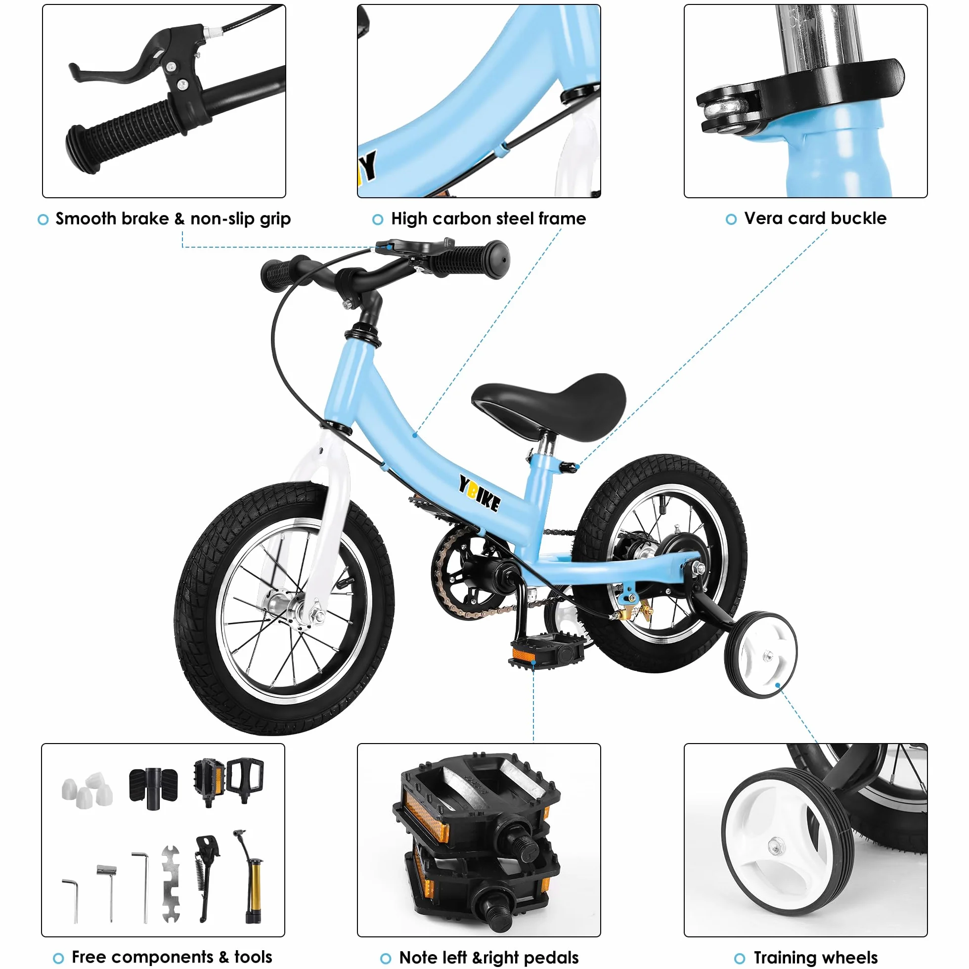 YBIKE Rower biegowy 2 w 1, podwójne zastosowanie rowerków biegowych dla dzieci i roweru dziecięcego, dla 2, 3, 4, 5, 6, 7 lat, 12, 14, 16 cali, z teorią treningu, hamulcem, pedałem