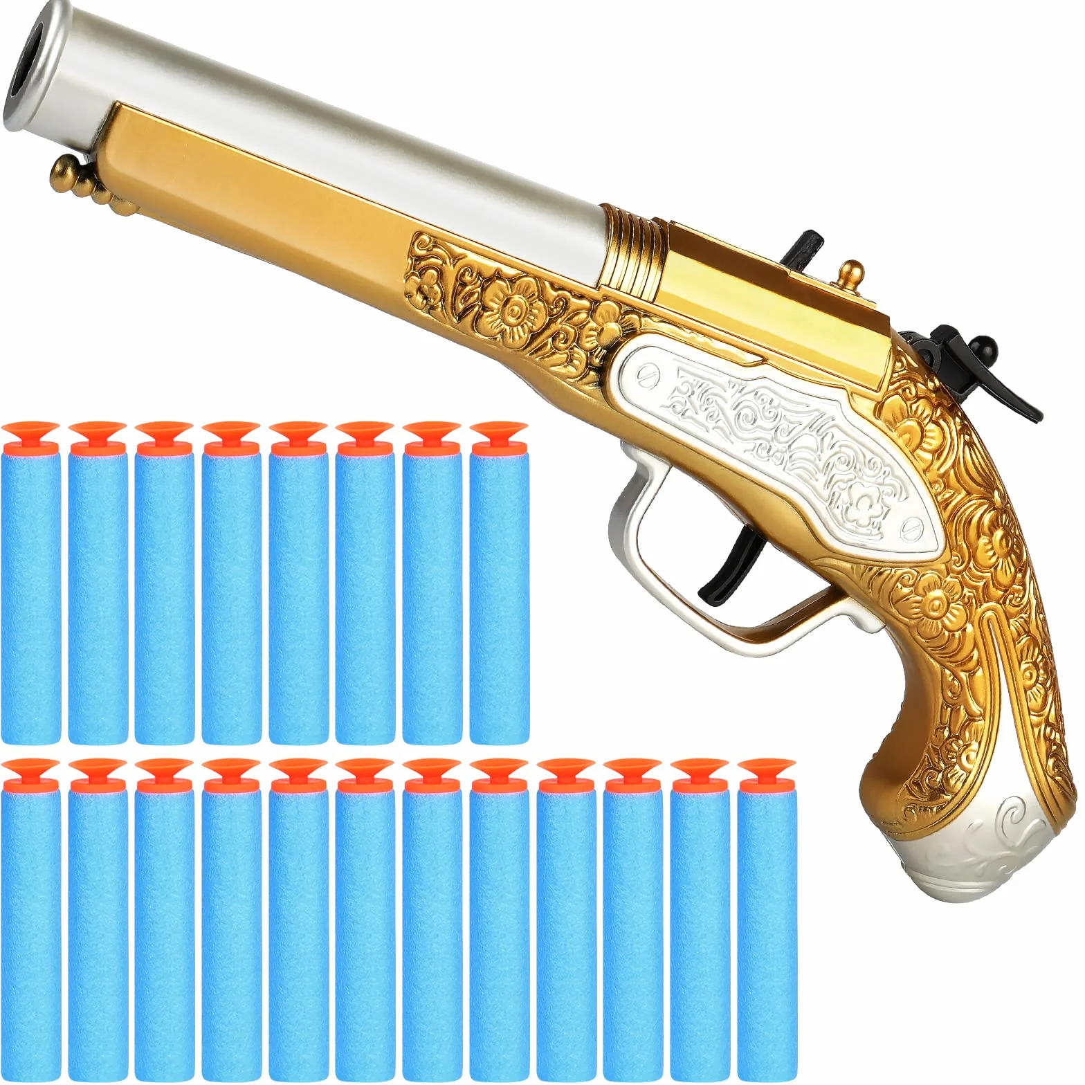 Pistolet piracki, zabawkowy pistolet dla dzieci – broń piracka z 20 miękkimi kulkami, do kostiumu pirata, broni na Halloween i karnawał, akcesoria do kostiumu pirata, 30.3 x 10.7 x 5.7 cm