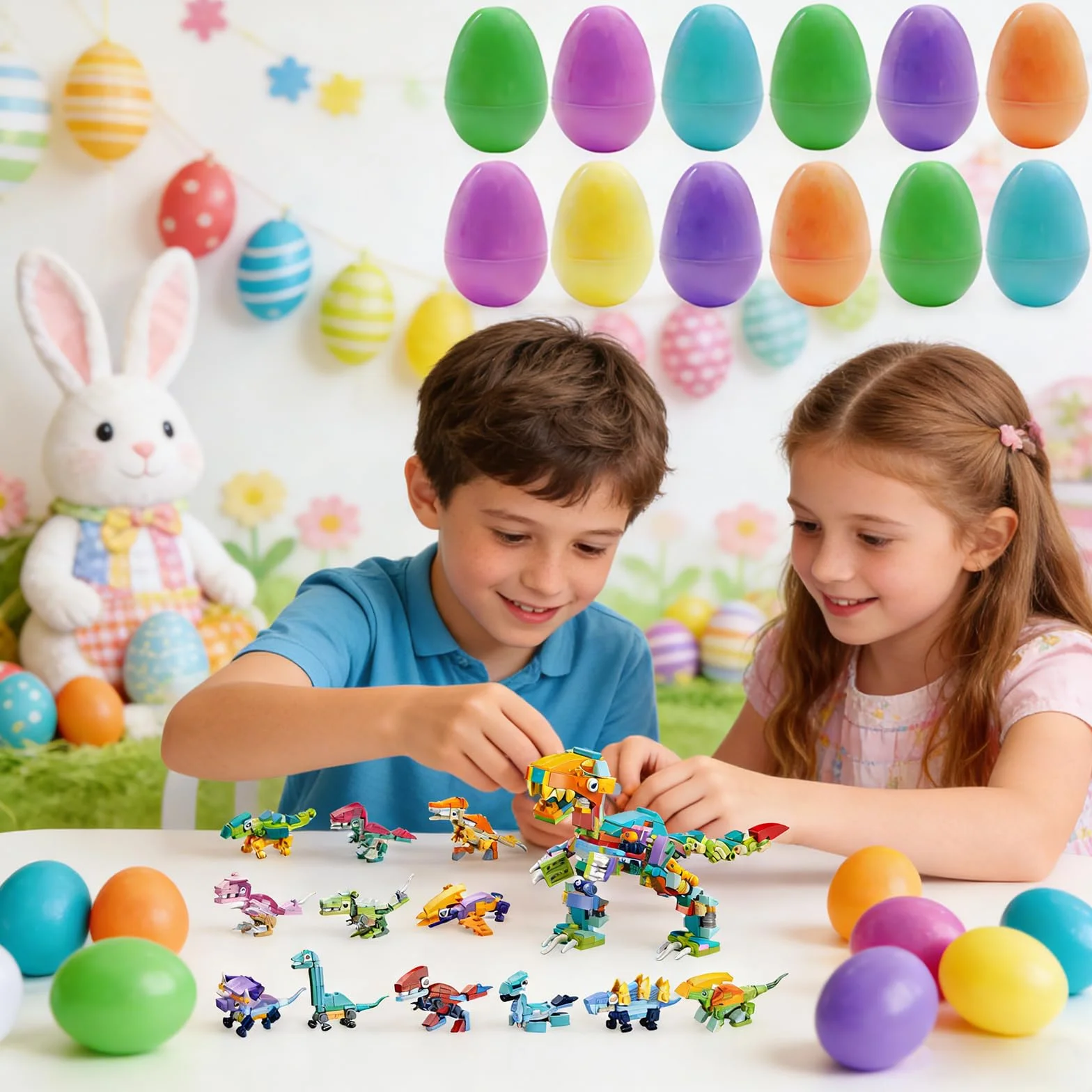 Zestaw 12 plastikowych jajek z klockami dinozaurów na wielkanocne kosze, zabawki edukacyjne, nagrody, niespodzianki na imprezy