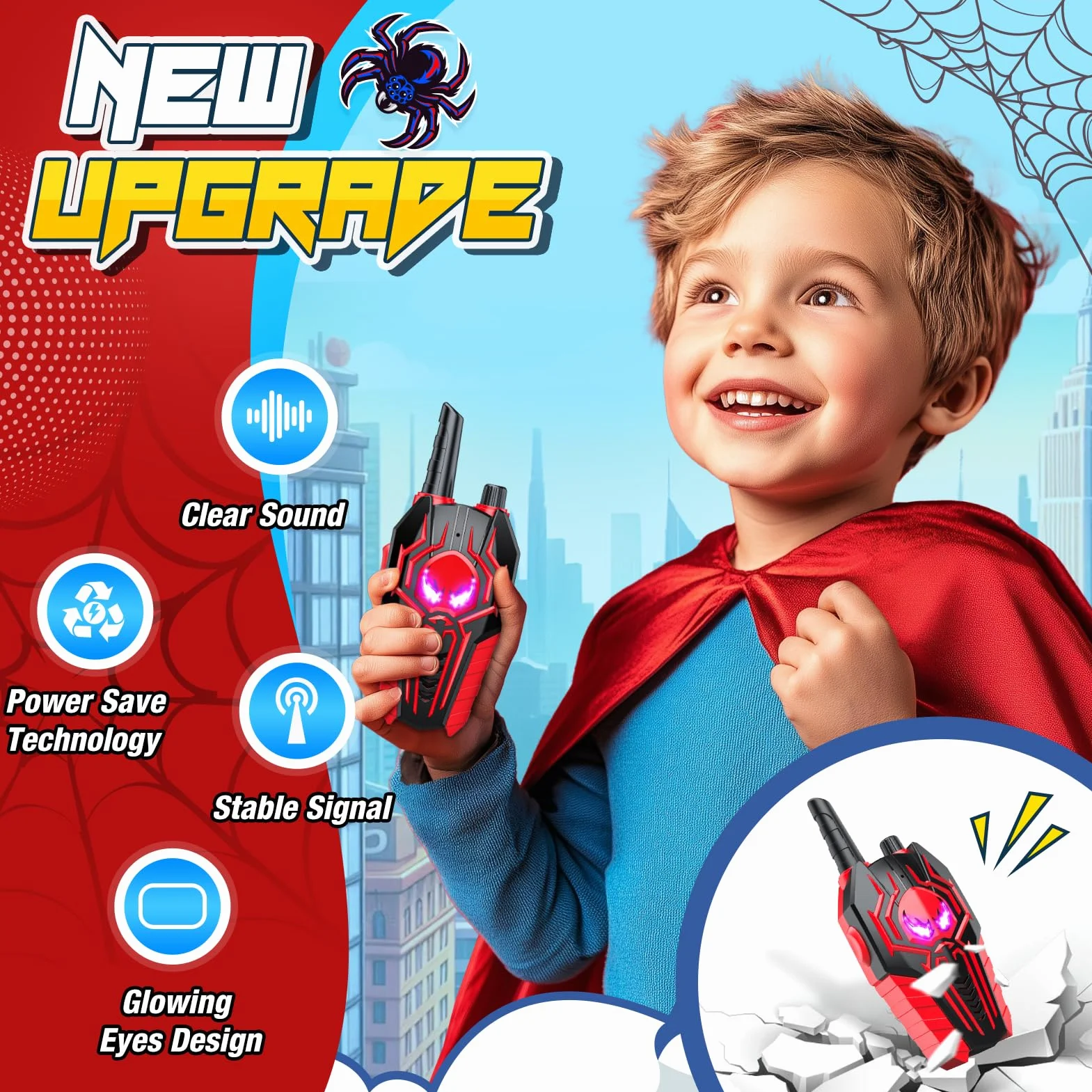 Spider Walkie Talkie zabawka dla dzieci od 3-10 lat, chłopców, kolor czarny + niebieski