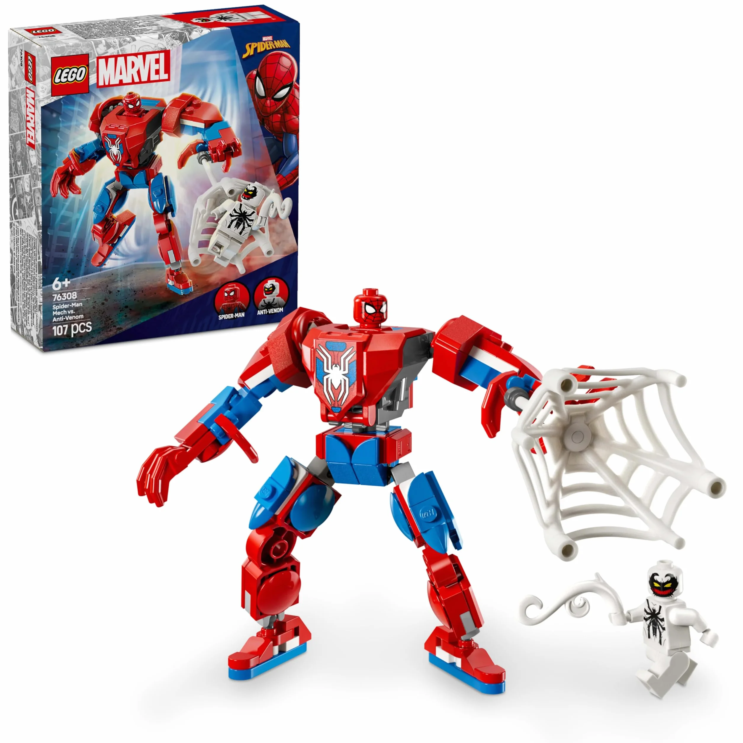 LEGO Marvel Mech Spider-Mana kontra Anti-Venom, Figurka Akcji do Zbudowania, Zabawka Konstrukcyjna dla Dziecka, dla Chłopców i Dziewczynek do Odgrywania Ról, Pomysł na Prezent dla 6-latka 76308