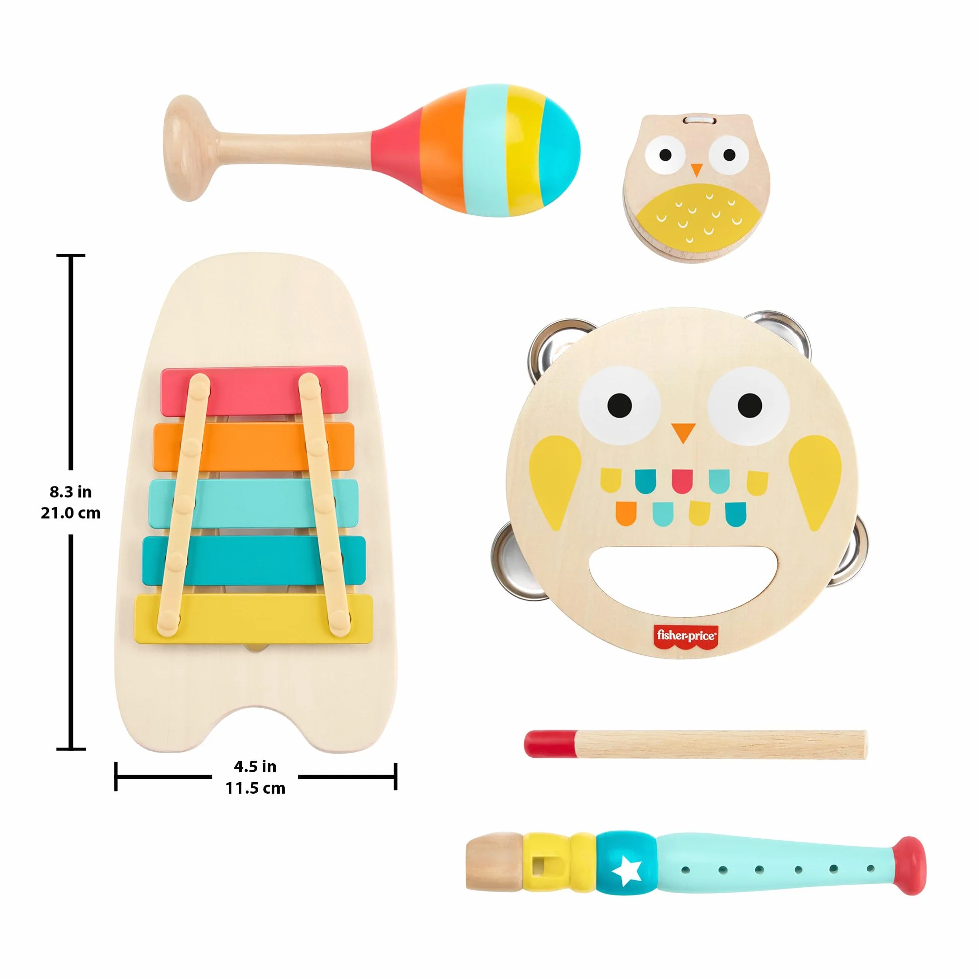 Fisher-Price Drewniane instrumenty Zestaw prezentowy z 6 drewnianymi elementami dla dzieci od 2 roku życia, HXT90