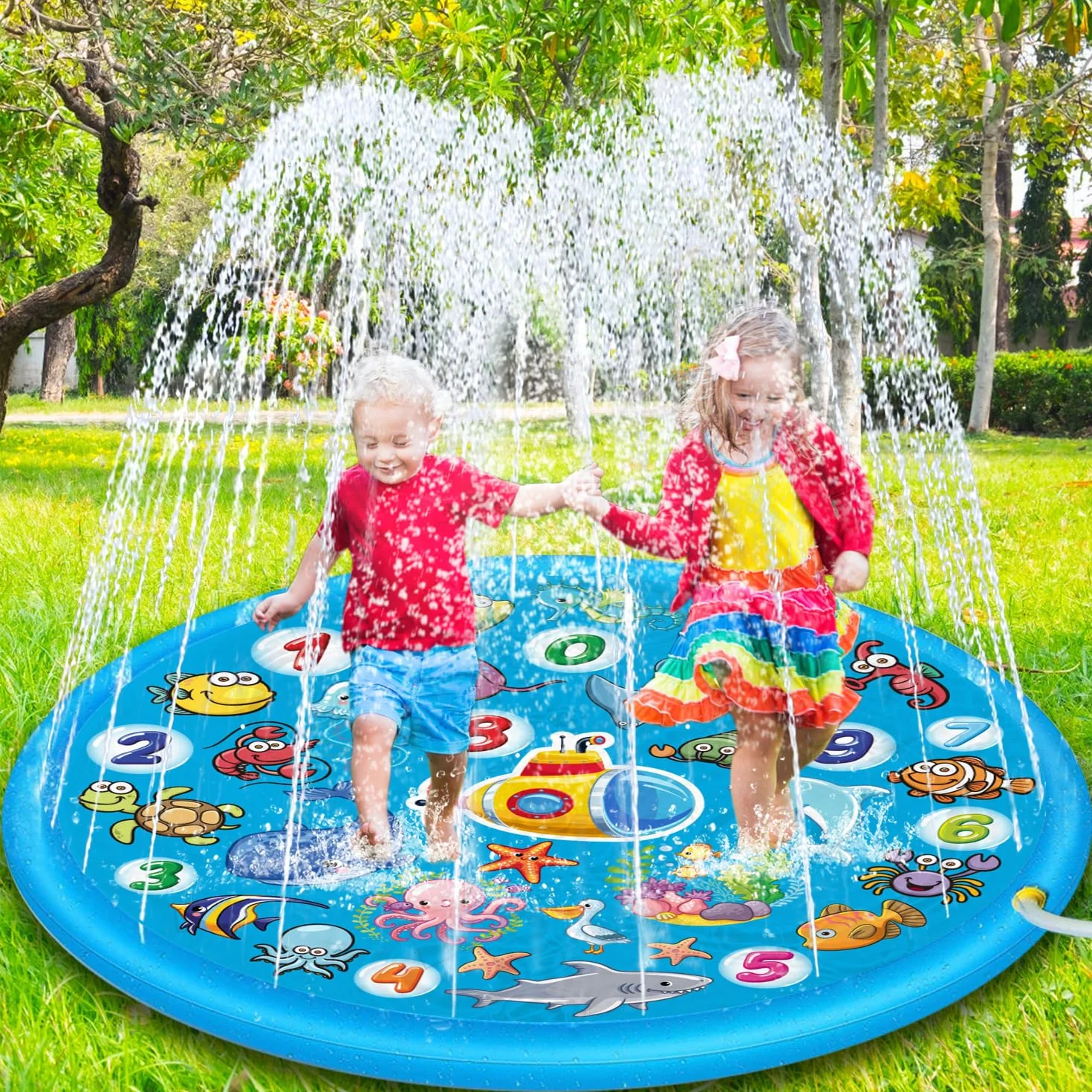 Chennyfun Summer Sprinkler Water Play Mat 170 cm, Duża Okrągła Nadmuchiwana Mata do Zabawy, Zewnętrzna Letnia Zabawka Wodna do Zajęć Rodzinnych/Plaży/Ogrodu dla Chłopców, Dziewcząt, Zwierząt Domowych