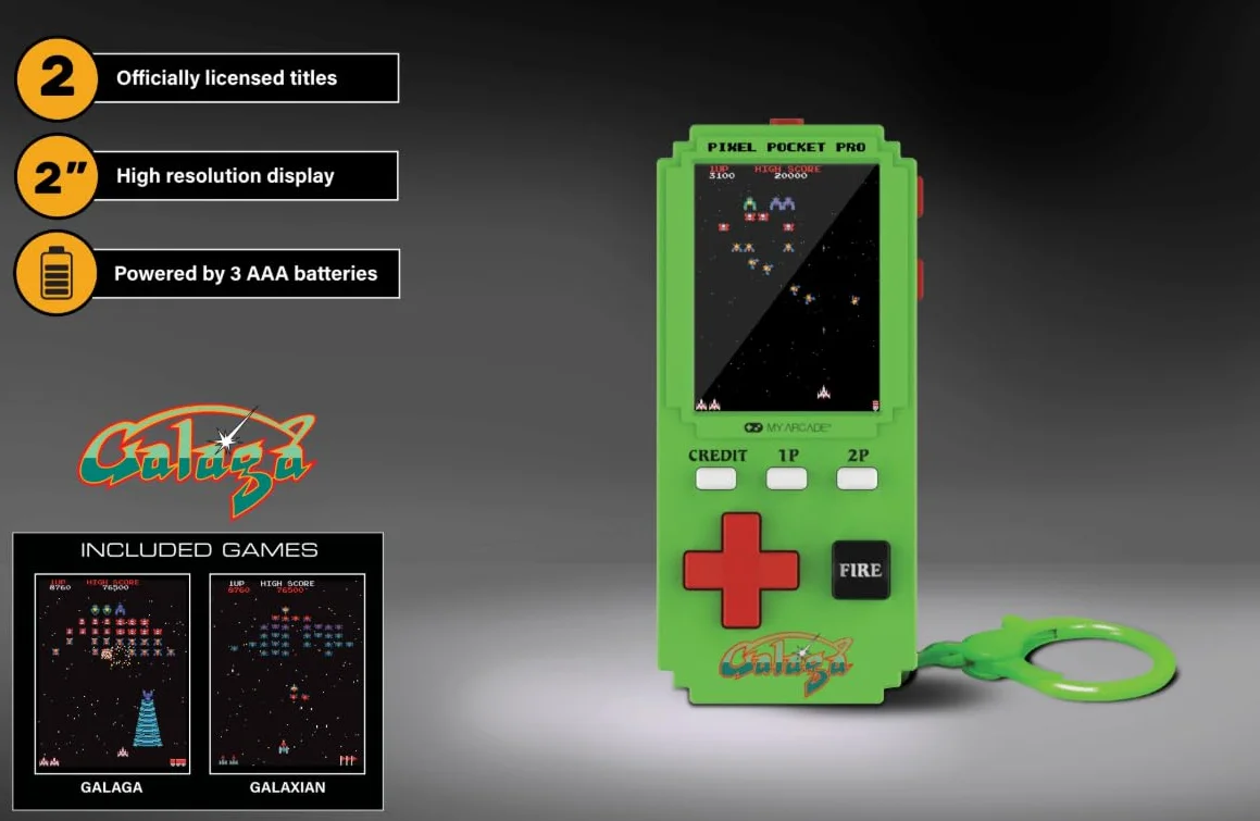 Galaga Pixel Player: oficjalnie licencjonowana gra wideo Galaga, przenośny brelok do kluczy, gry dla dzieci i dorosłych