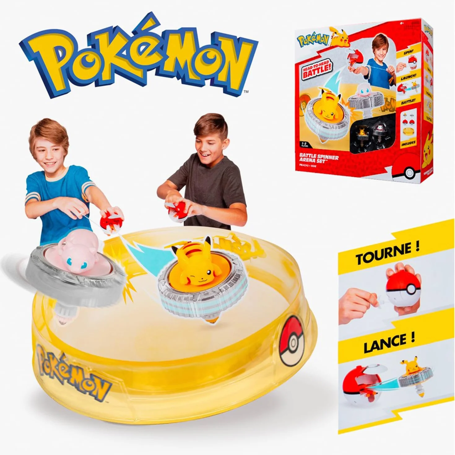 Bandai - Pokémon Arena + 2 Spinnery W Zestawie - 2 Wyrzutnie Pokéball + Bączki Pikachu i Mew - Gra Walki Dla Wielu Graczy - Zabawka Dla Dzieci 4 Lata i + JW4403