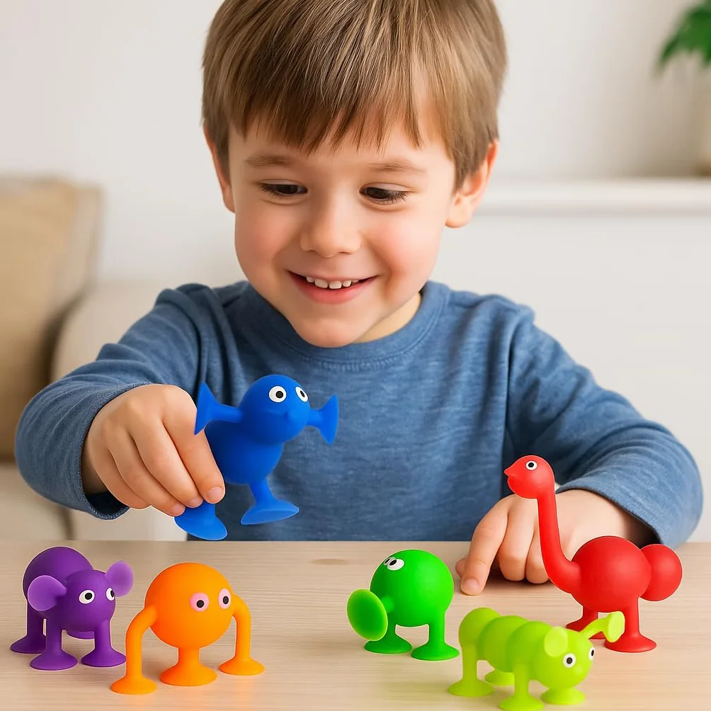 MIJOMA Silly Suction Animals zestaw 3 zabawnych ssących zwierząt z TPR, kolorowe mieszane, ok. 5 x 7 cm – zabawka sensoryczna, redukcja stresu, figurki zwierząt Fidget, modele losowe
