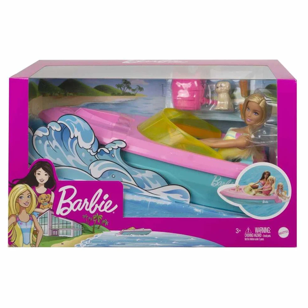 Barbie Zestaw Łodzi Motorowej, Lalka z Blond Włosami, Różowa Kamizelka Ratunkowa, Szczeniak, Akcesoria - Prezenty dla Dzieci od 3 Lat