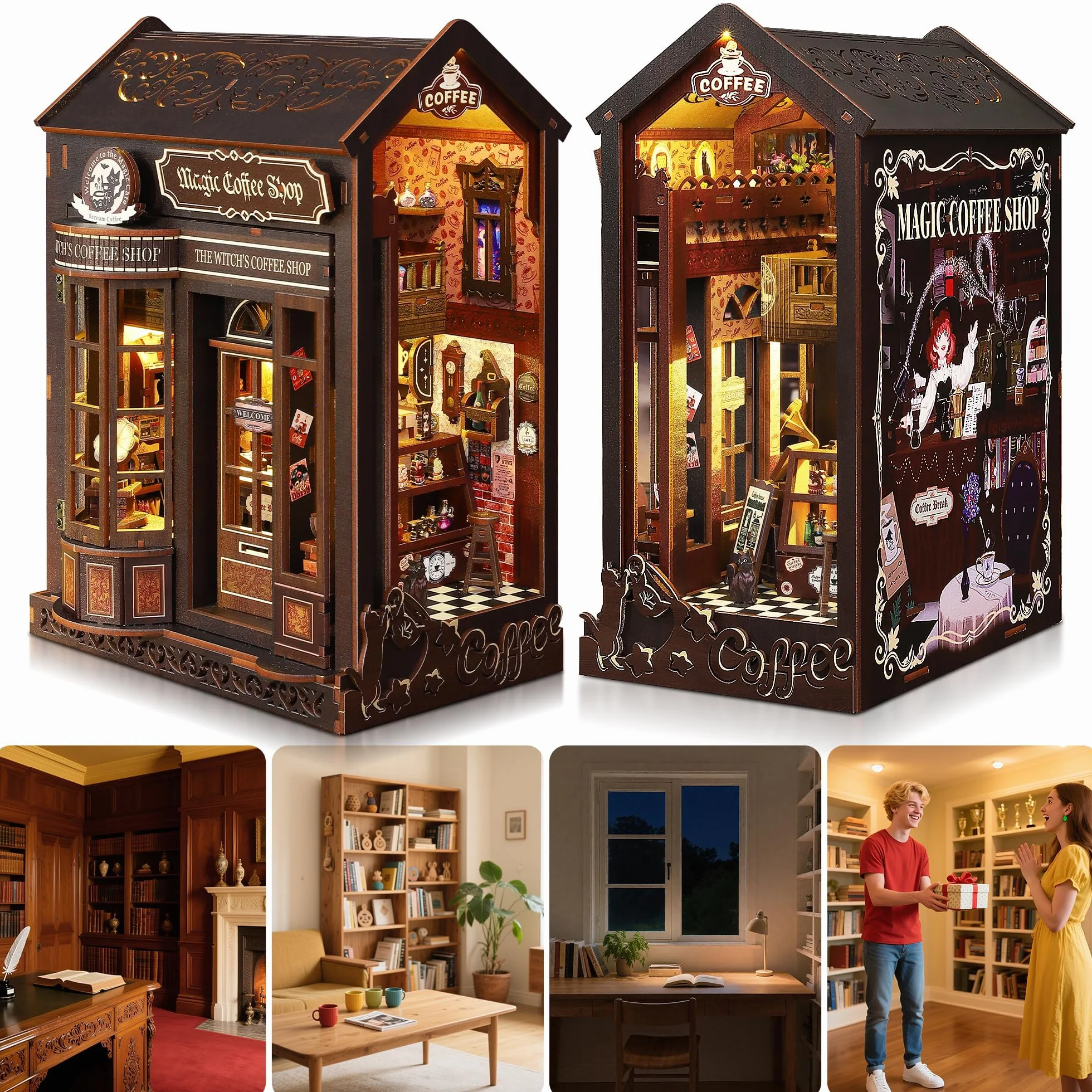 Book Nook Kit dla dorosłych: LUMYCE drewniane puzzle "zrób to sam" miniaturowy domek dla lalek 3D - podpórka na książki do regału na książki dekoracja z oświetleniem LED, kreatywny prezent dla