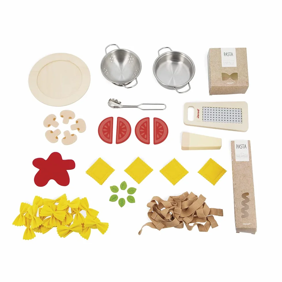 Janod - Pasta Mix - Zestaw Makaronów - Imitacja Gotowanie i Dinette - 58 elementów w zestawie z drewna, kartonu i filcu - Certyfikat FSC - Farba na bazie wody - Od 3 lat, J06598