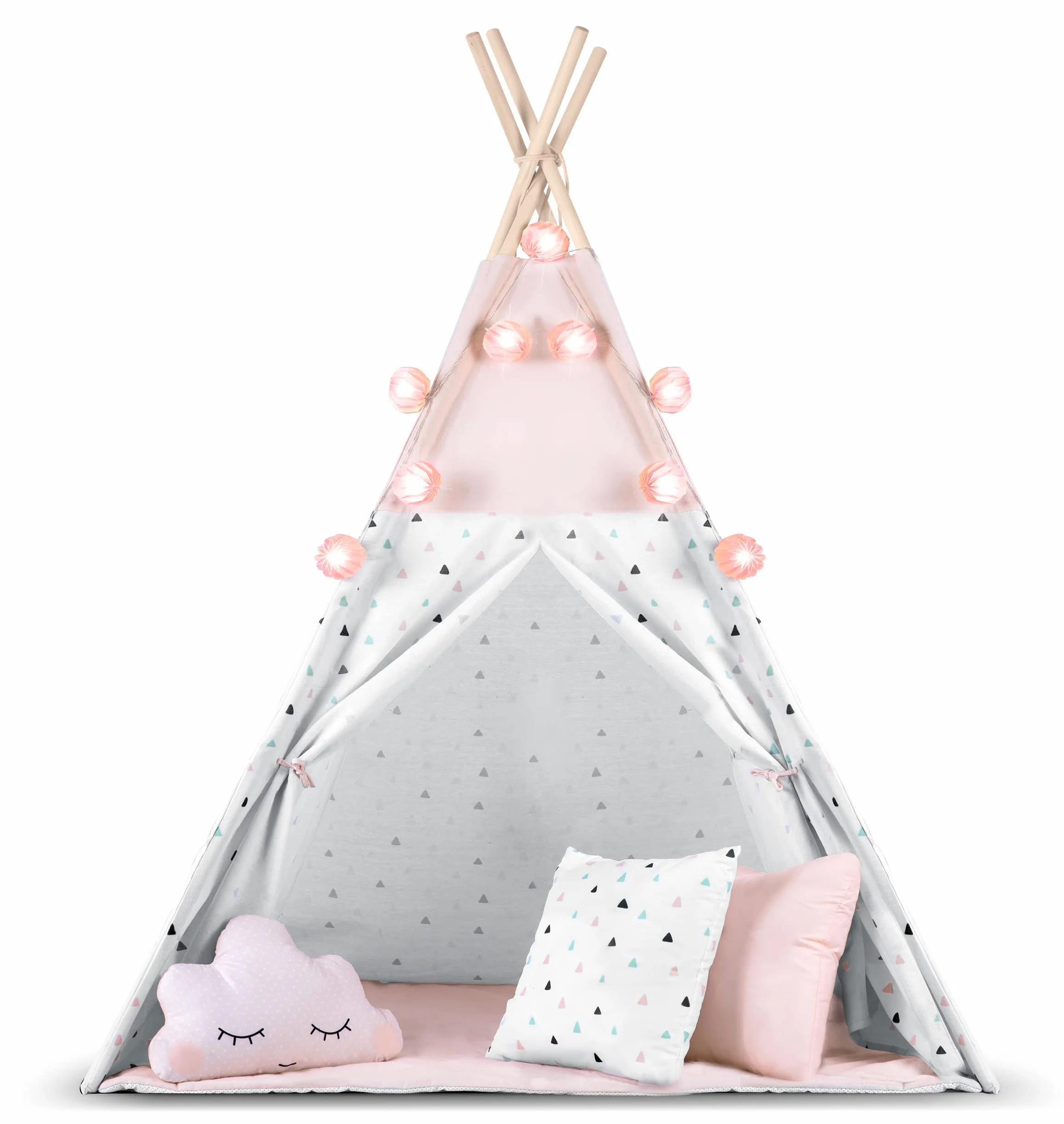 NUKIDO Namiot Dziecięcy Tipi w Stylu Montessori Bawełna i Drewniany Stelaż z Matą Izolacyjną 3 Poduchami Girlandą i Światełkami Przewiewny Różowy