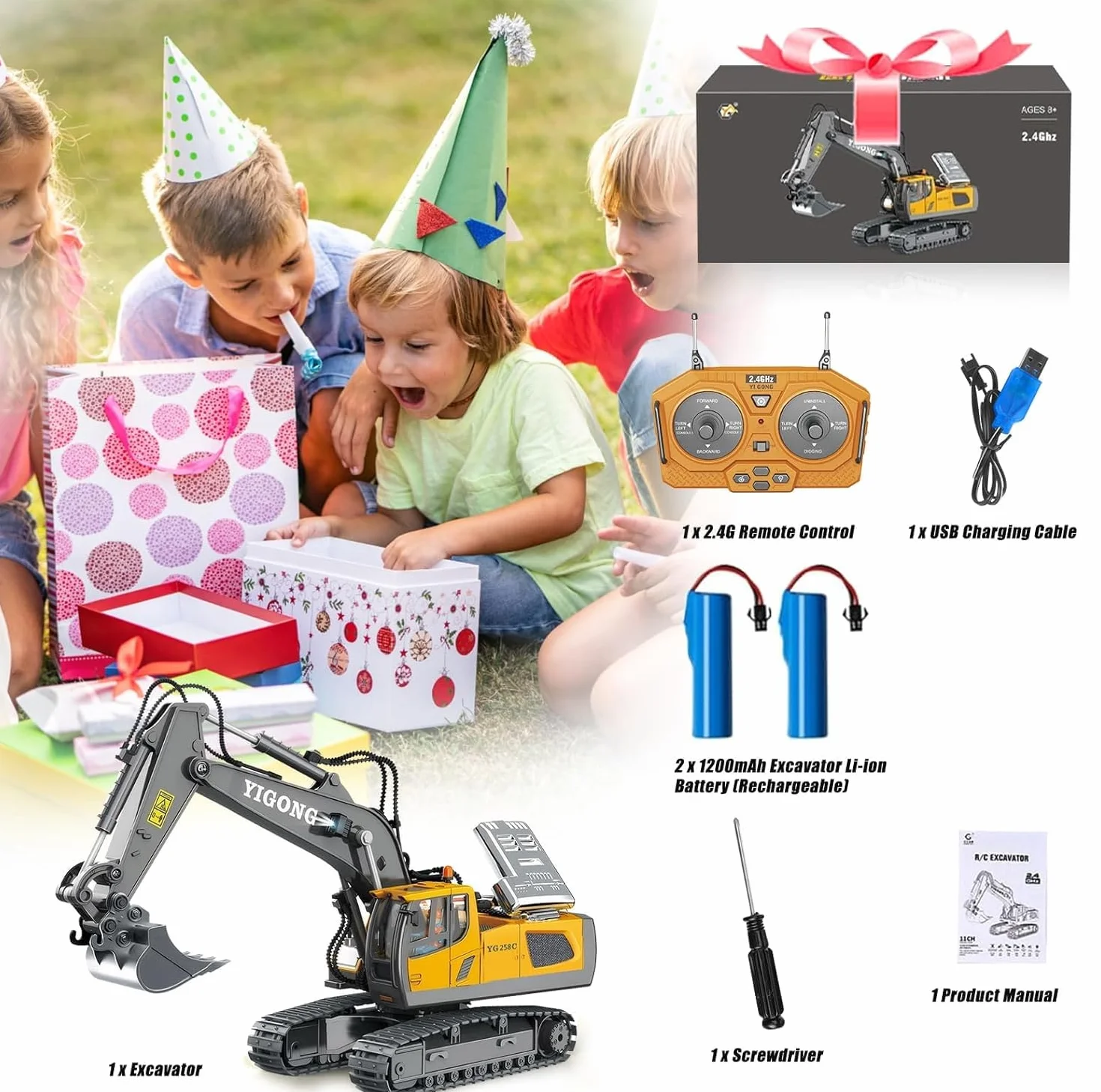 Koparka zdalnie sterowana RC pojazd budowlany ok. 40 cm, koparka piaskowa z dźwiękiem i światłem, obrót o 680°, zabawka dla dzieci, wózek budowlany, zabawka edukacyjna od 3 lat