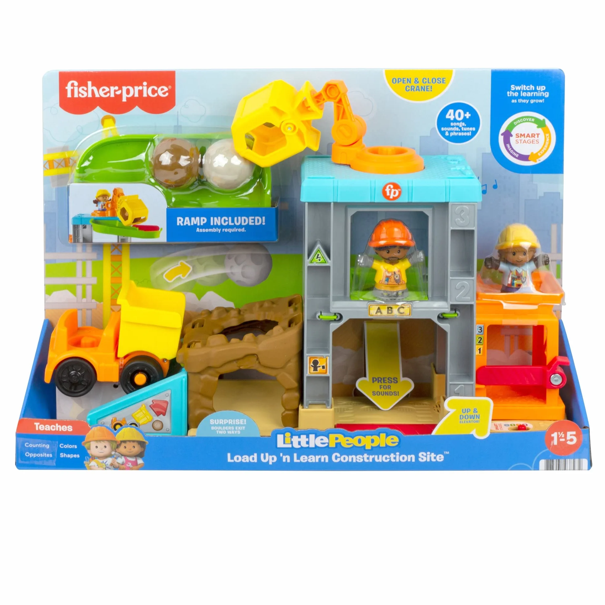 Fisher-Price Little People Plac budowy Zestaw z dźwiękiem, muzyczny zestaw do zabawy z wywrotką i 2 figurkami, dla przedszkolaków i młodszych dzieci, HCJ64