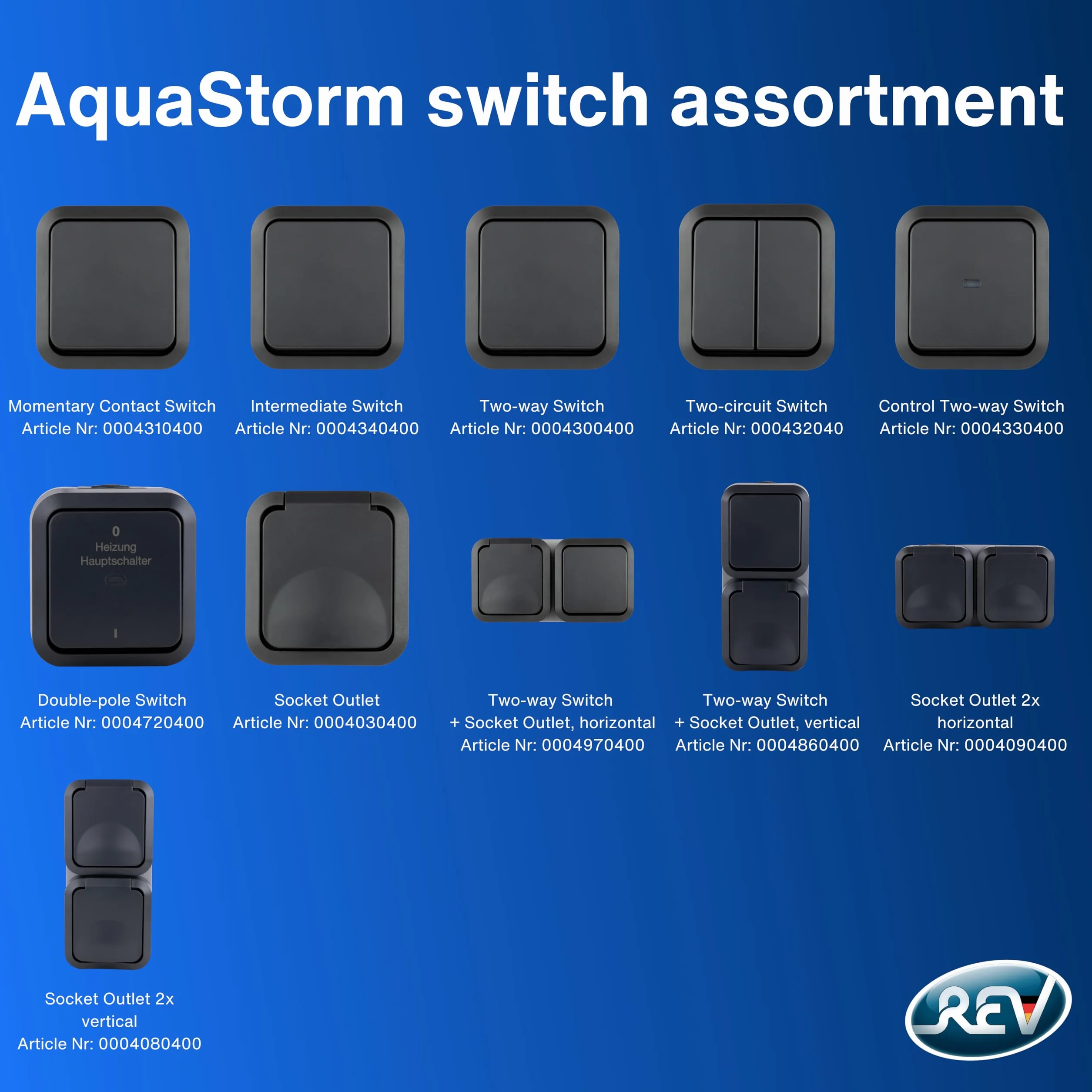 REV - AquaStorm, podwójne gniazdko, gniazdko elektryczne do pomieszczeń wilgotnych IP55, dwubiegunowe, natynkowe pionowe, 230 V, 16 A, antracyt