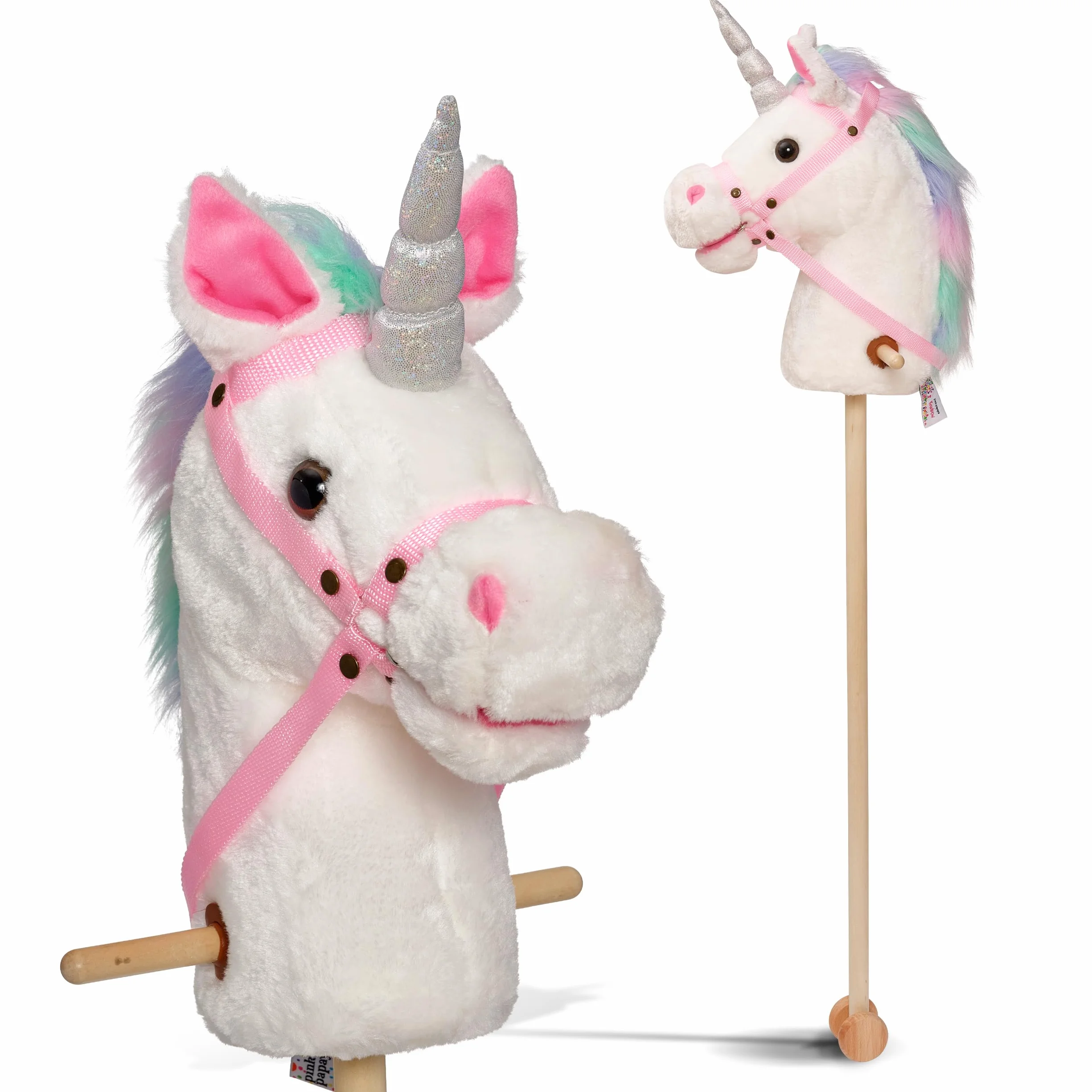 Pink Papaya Hobby Horse, Tęczowy, uroczy konik wykonany z materiału z funkcją dźwiękową: rżenie i odgłos galopu