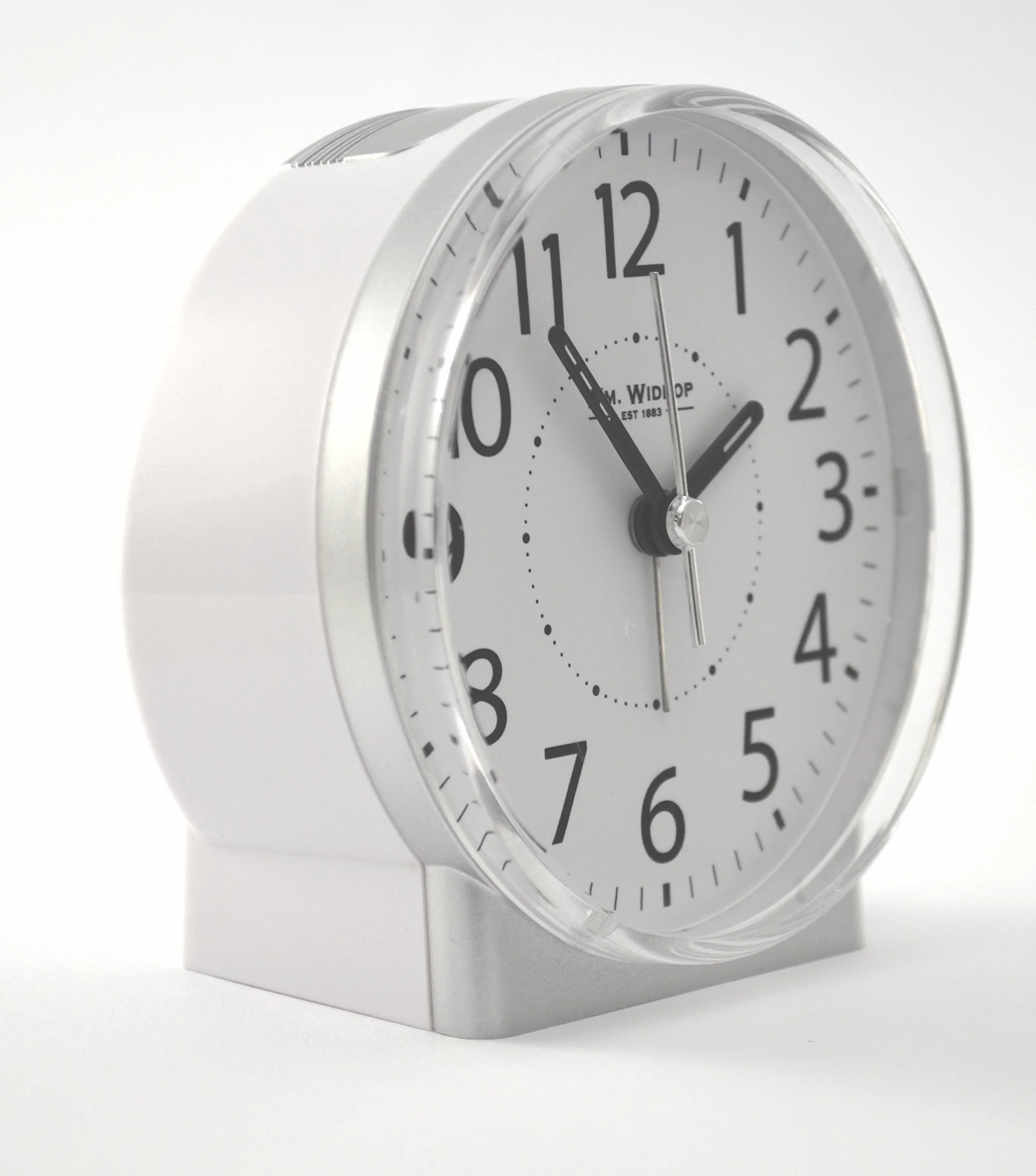White Alarm Clock with Silent Sweep No Ticking Feature Plus drzemka, Auto Shut off & Light by Widdop Bingham