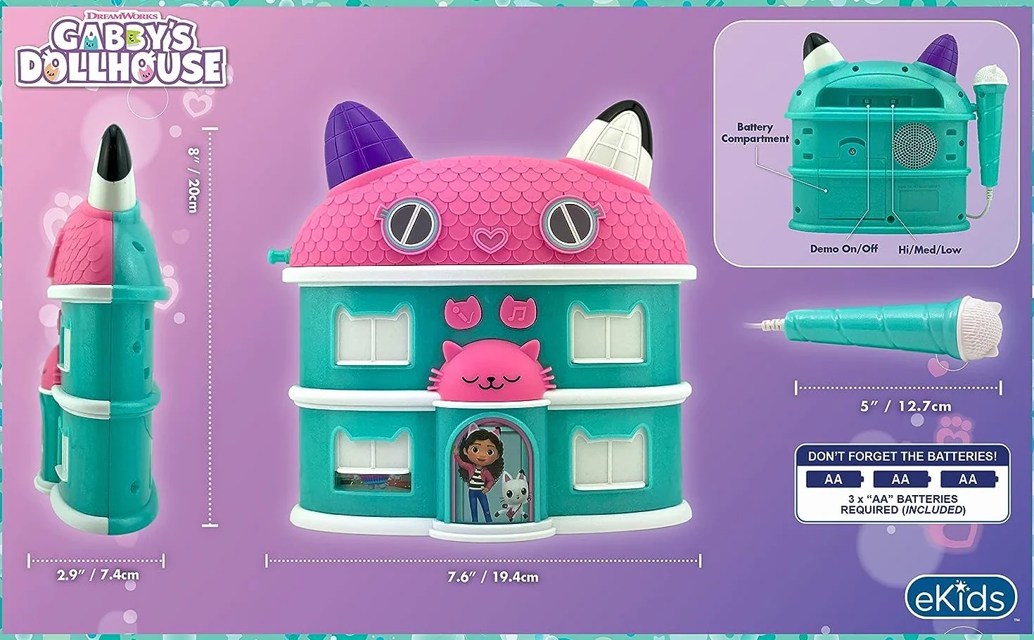 eKids Gabby's Dollhouse Sing Along Boom głośnik bokserski z mikrofonem, maszyna do karaoke dla dzieci z wbudowaną piosenką i efektami dźwiękowymi