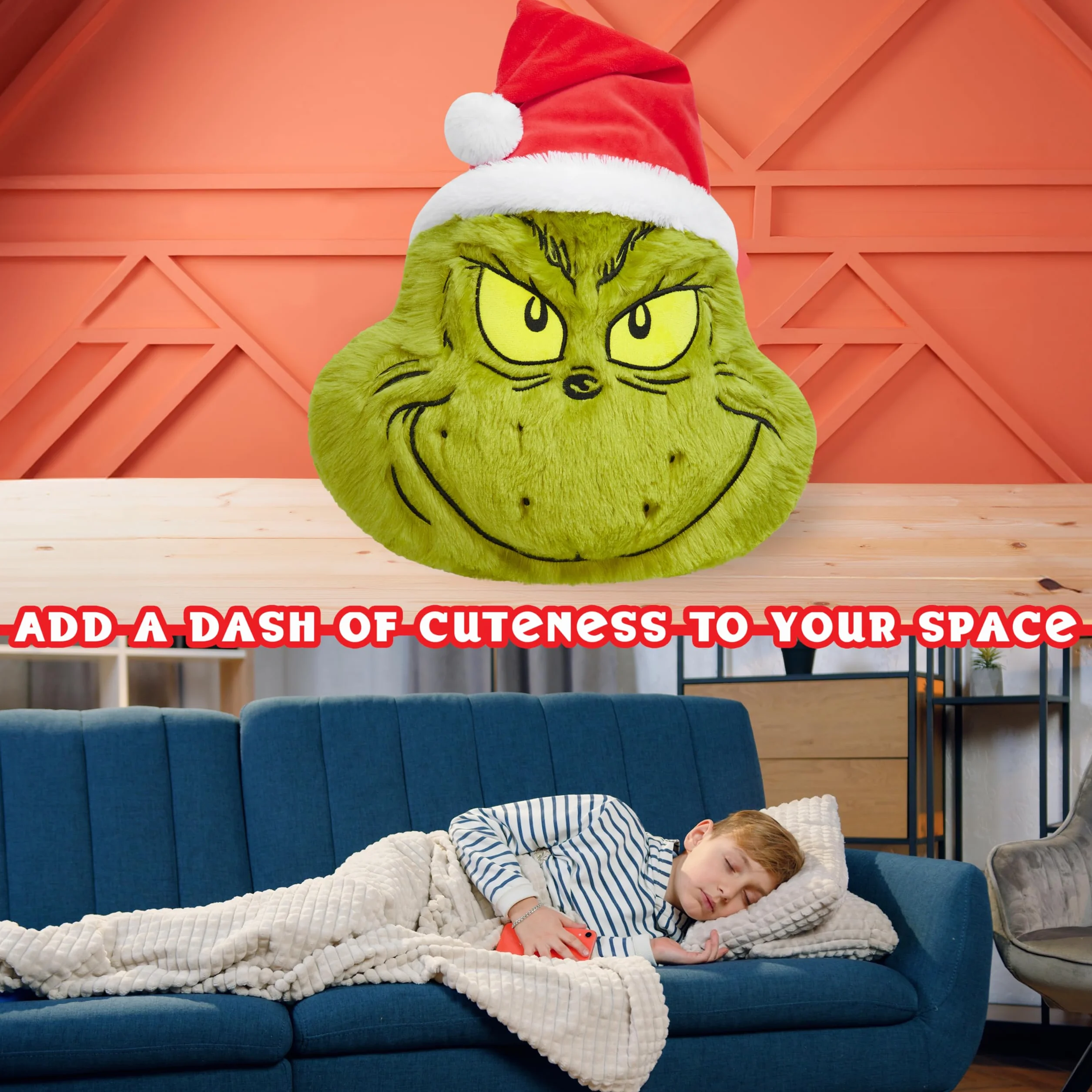 The Grinch Pluszowa poduszka 3D na łóżko, sofę, poduszka do przytulania, dekoracja bożonarodzeniowa, 52 x 34,5 x 10,5 cm, świąteczne akcesoria do sypialni, prezenty świąteczne