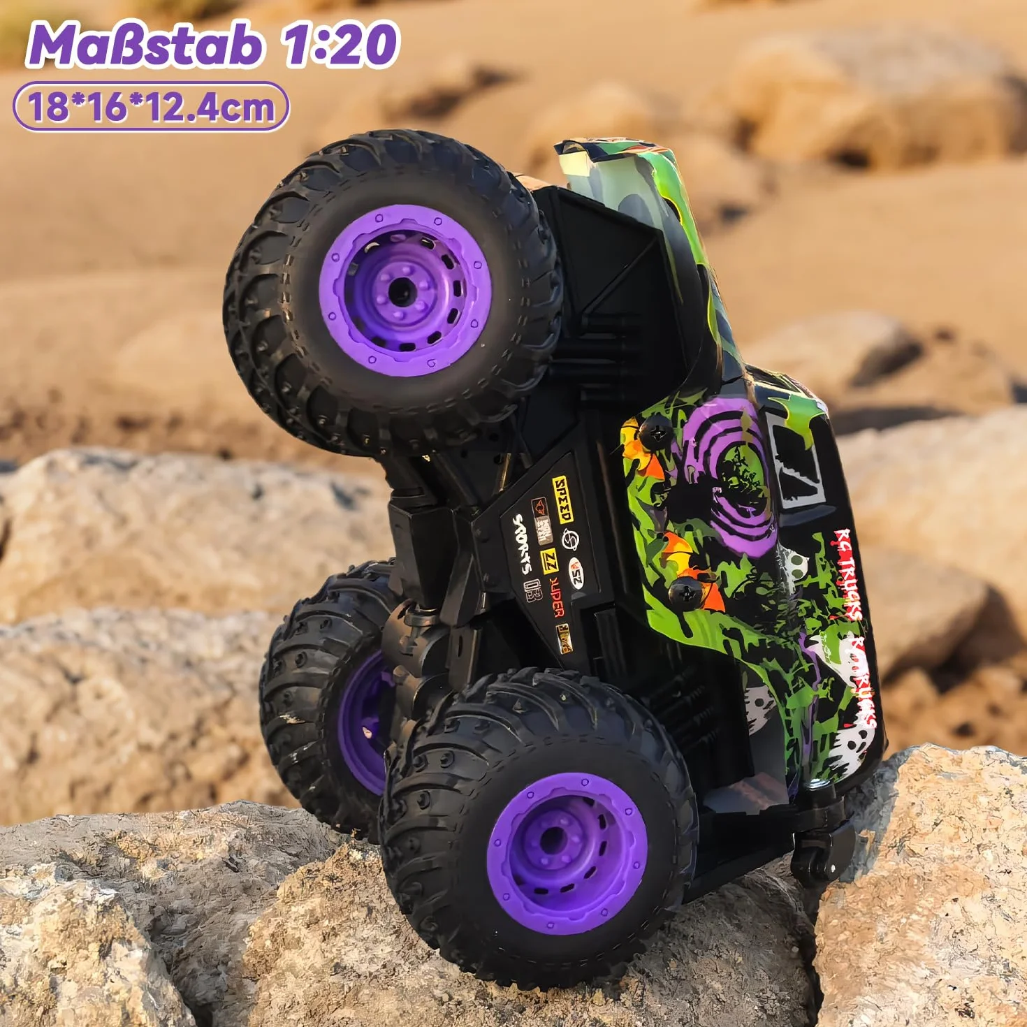 Monster Truck zdalnie sterowany, 20 km/h, Monster Truck ze światłem i muzyką, 2,4 GHz zdalnie sterowany samochód z obrotem 360°, 1/20 Monstertruck z 100 min, 3 4 5 6 7 8 lat chłopiec